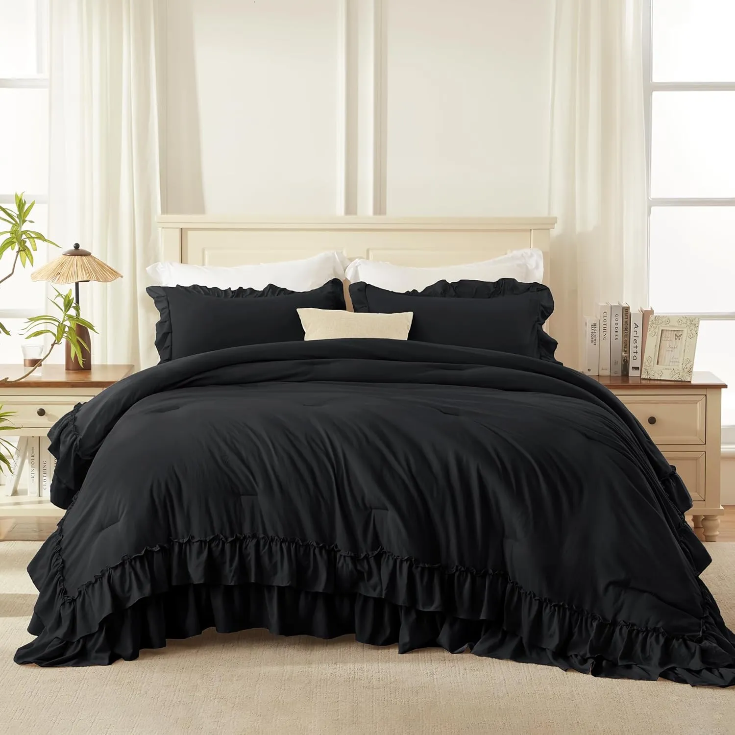 Andency Black Twin Size Comforter Set(66x90Inch), 2 Pieces Fluffy Farmhouse Shabby Chic Ruffle Bedding Comforter Sets, All Season Soft Lightweight Microfiber Bedding Set for Kids