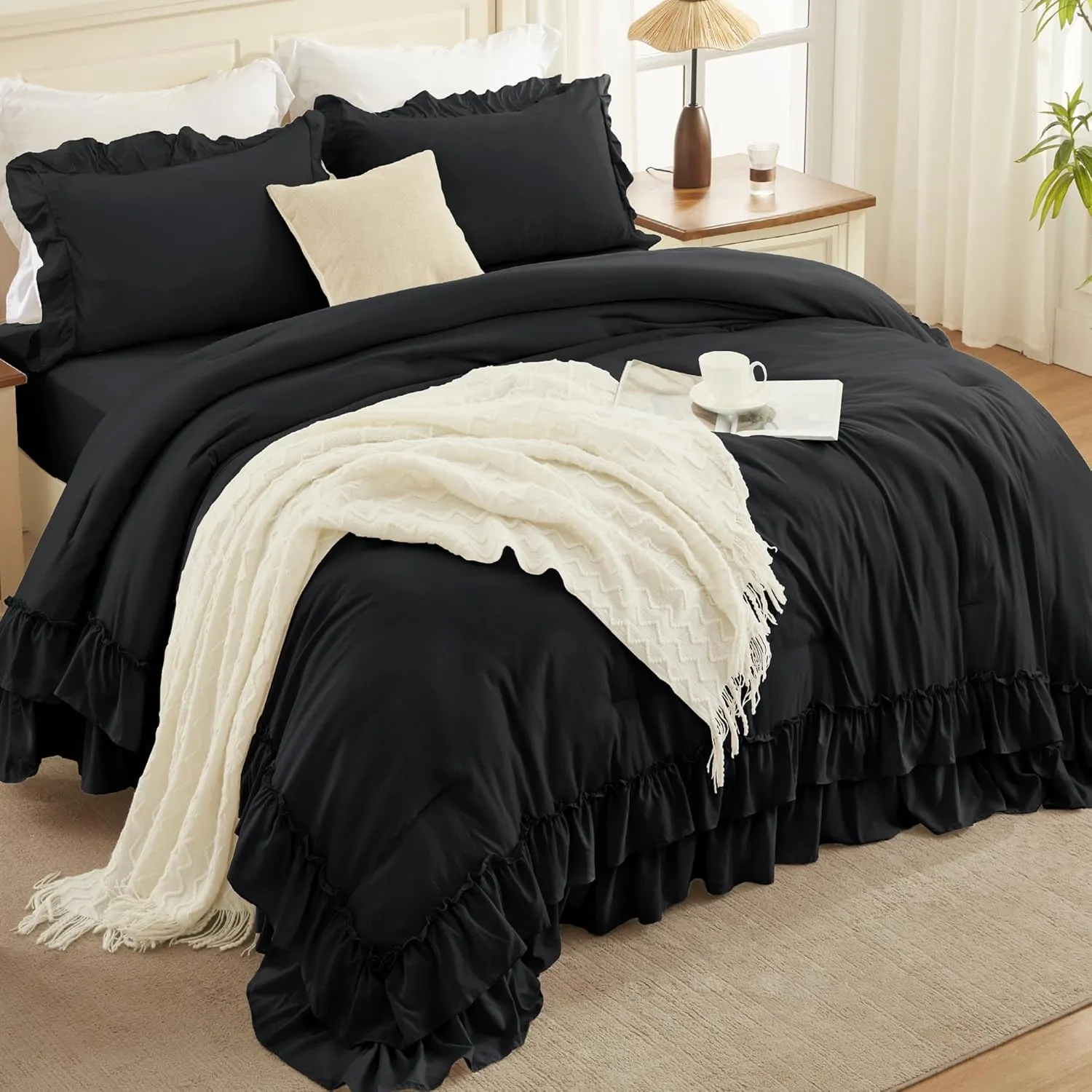 Andency Black Twin Size Comforter Set(66x90Inch), 2 Pieces Fluffy Farmhouse Shabby Chic Ruffle Bedding Comforter Sets, All Season Soft Lightweight Microfiber Bedding Set for Kids