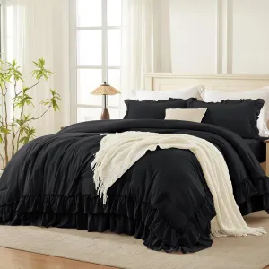 Andency Black Twin Size Comforter Set(66x90Inch), 2 Pieces Fluffy Farmhouse Shabby Chic Ruffle Bedding Comforter Sets, All Season Soft Lightweight Microfiber Bedding Set for Kids