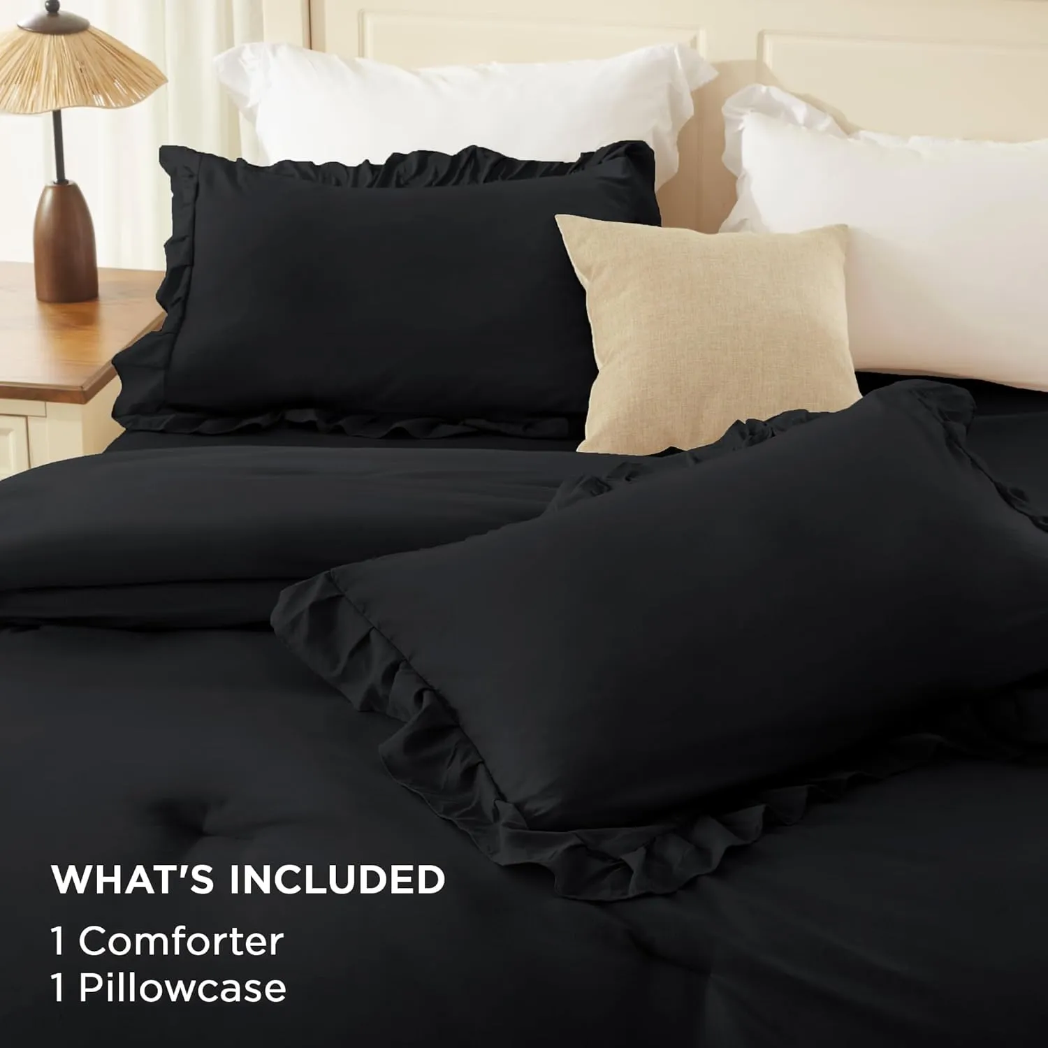 Andency Black Twin Size Comforter Set(66x90Inch), 2 Pieces Fluffy Farmhouse Shabby Chic Ruffle Bedding Comforter Sets, All Season Soft Lightweight Microfiber Bedding Set for Kids