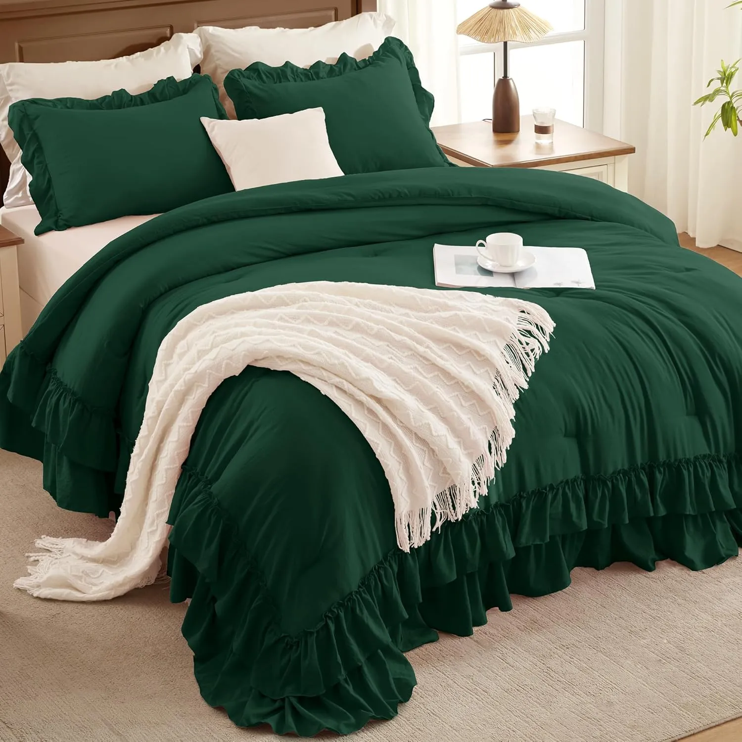 Andency Dark Green Twin Size Comforter Set(66x90Inch), 2 Pieces(1 Ruffle Comforter and 1 Pillowcase) Lightweight Fluffy Bedding Comforter Sets for Kids, All Season Soft Microfiber Bedding Set