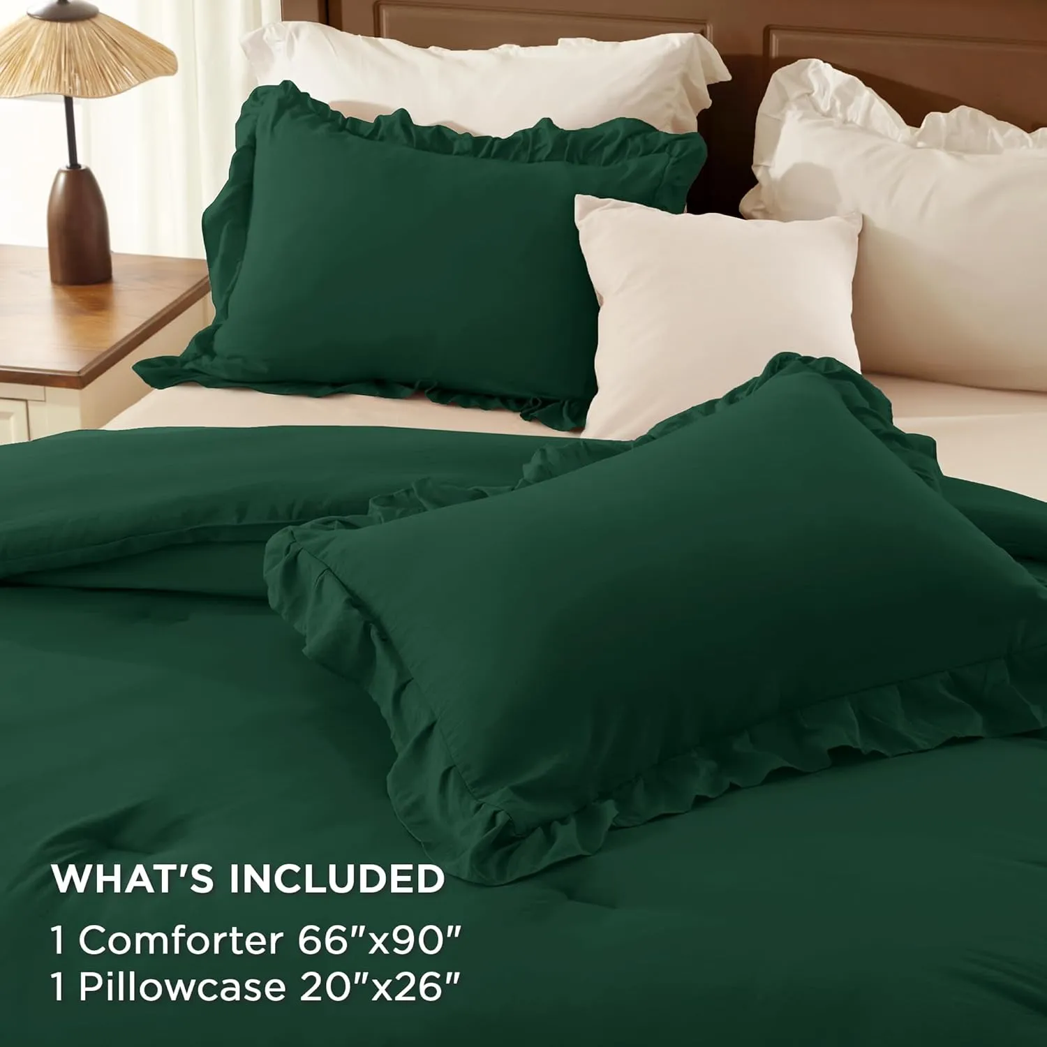 Andency Dark Green Twin Size Comforter Set(66x90Inch), 2 Pieces(1 Ruffle Comforter and 1 Pillowcase) Lightweight Fluffy Bedding Comforter Sets for Kids, All Season Soft Microfiber Bedding Set