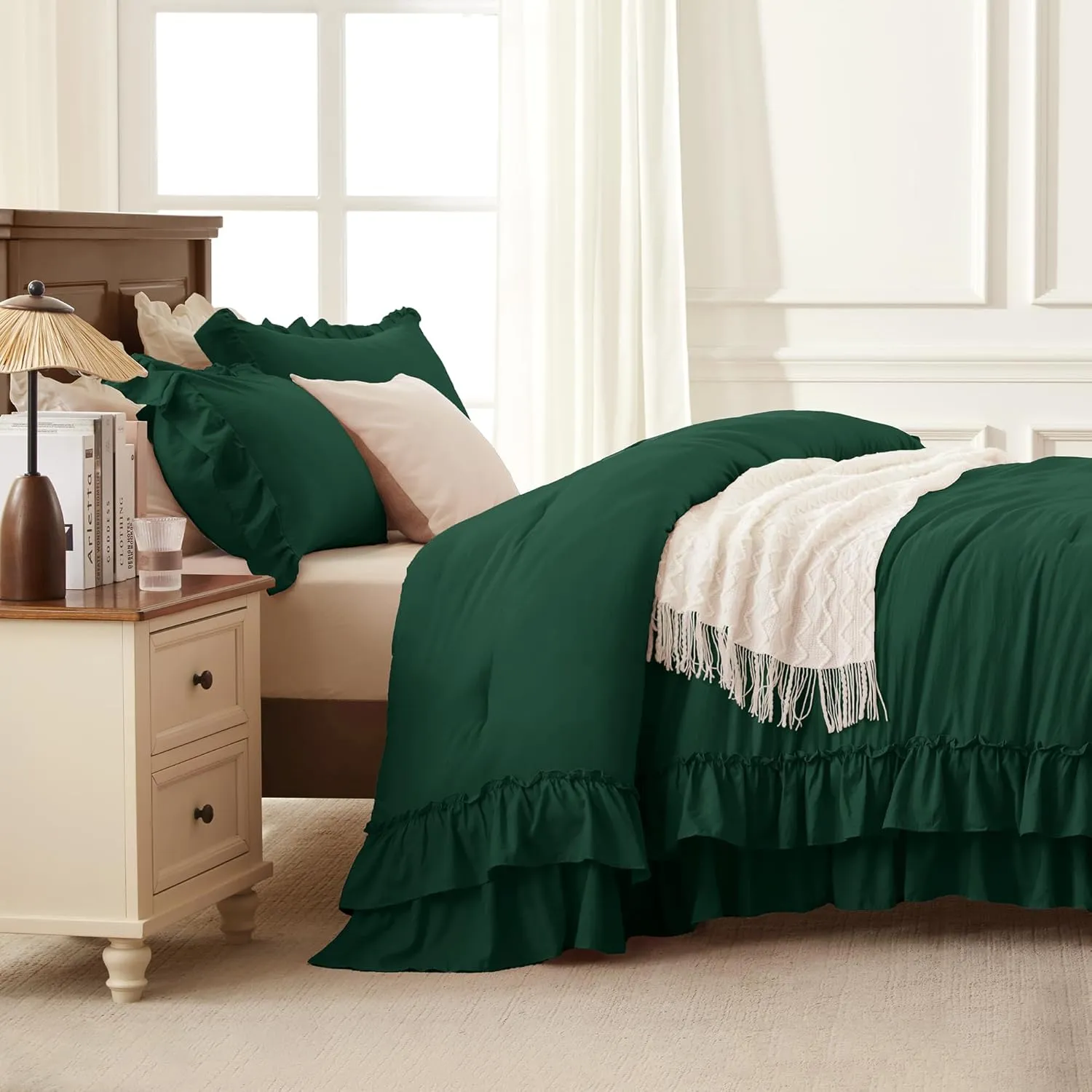 Andency Dark Green Twin Size Comforter Set(66x90Inch), 2 Pieces(1 Ruffle Comforter and 1 Pillowcase) Lightweight Fluffy Bedding Comforter Sets for Kids, All Season Soft Microfiber Bedding Set
