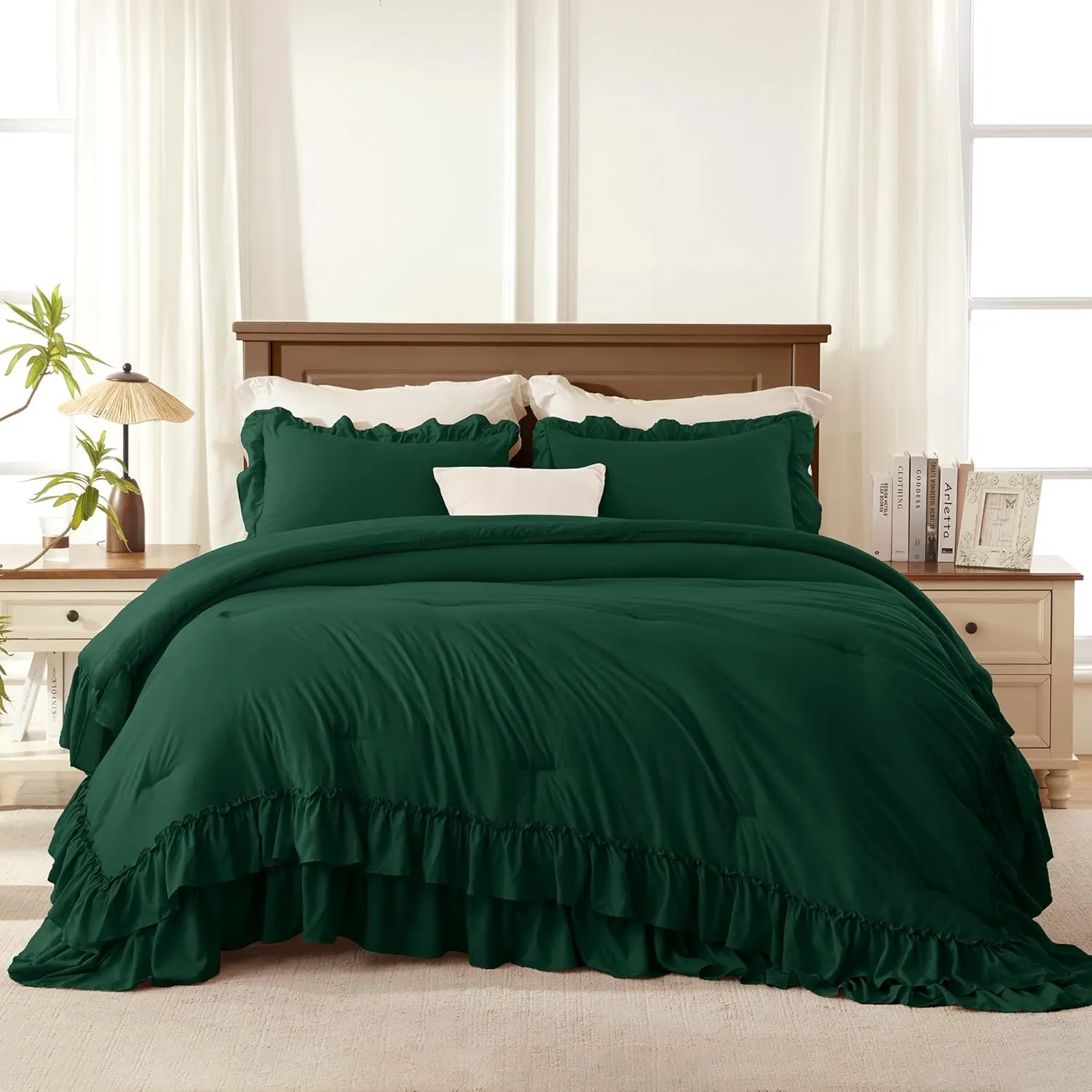 Andency Dark Green Twin Size Comforter Set(66x90Inch), 2 Pieces(1 Ruffle Comforter and 1 Pillowcase) Lightweight Fluffy Bedding Comforter Sets for Kids, All Season Soft Microfiber Bedding Set