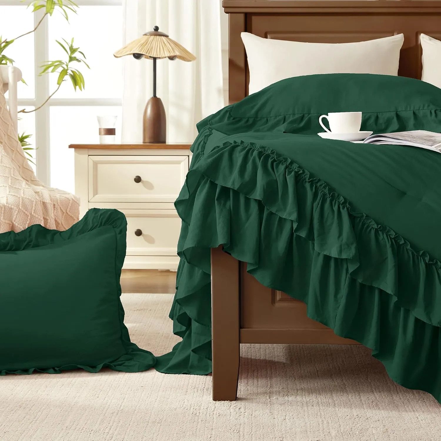 Andency Dark Green Twin Size Comforter Set(66x90Inch), 2 Pieces(1 Ruffle Comforter and 1 Pillowcase) Lightweight Fluffy Bedding Comforter Sets for Kids, All Season Soft Microfiber Bedding Set