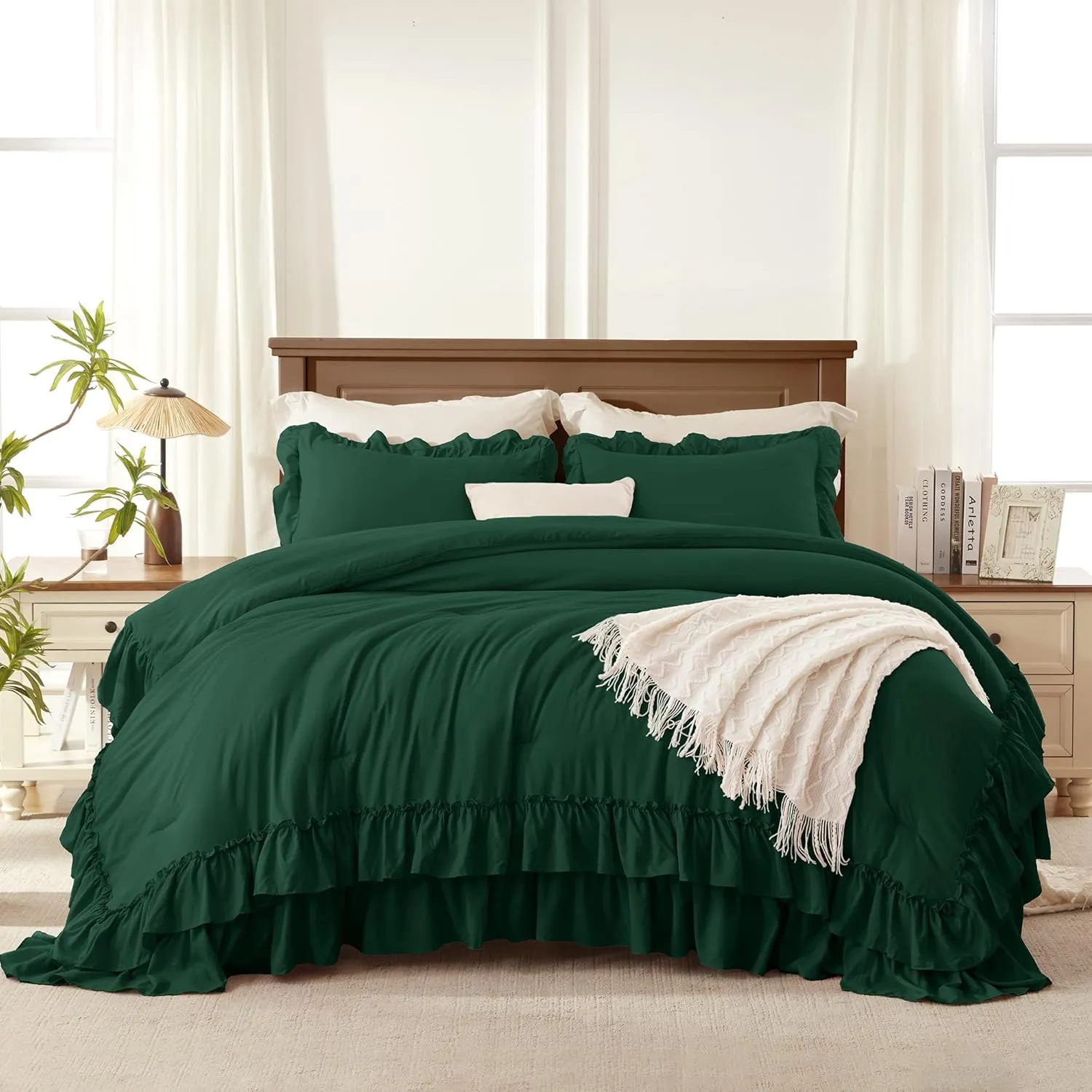 Andency Dark Green Twin Size Comforter Set(66x90Inch), 2 Pieces(1 Ruffle Comforter and 1 Pillowcase) Lightweight Fluffy Bedding Comforter Sets for Kids, All Season Soft Microfiber Bedding Set