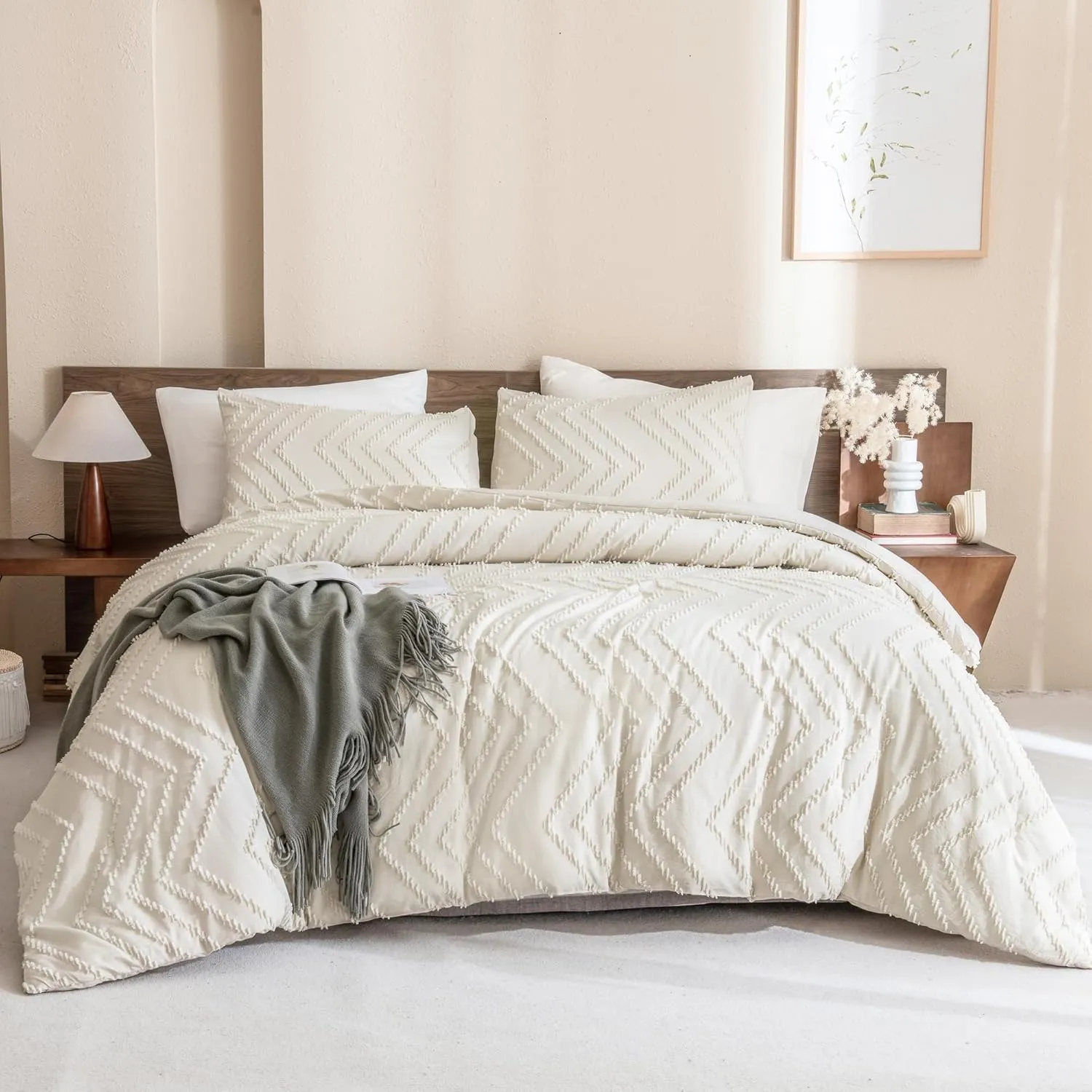 Andency King Size Comforter Set Beige, 3 Pieces Lightweight Comforter King Size Boho Bedding Comforter Sets, Soft Fluffy Cream Tufted Down Alternative Comforter Bed Set