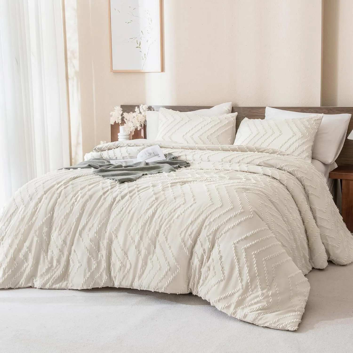 Andency King Size Comforter Set Beige, 3 Pieces Lightweight Comforter King Size Boho Bedding Comforter Sets, Soft Fluffy Cream Tufted Down Alternative Comforter Bed Set