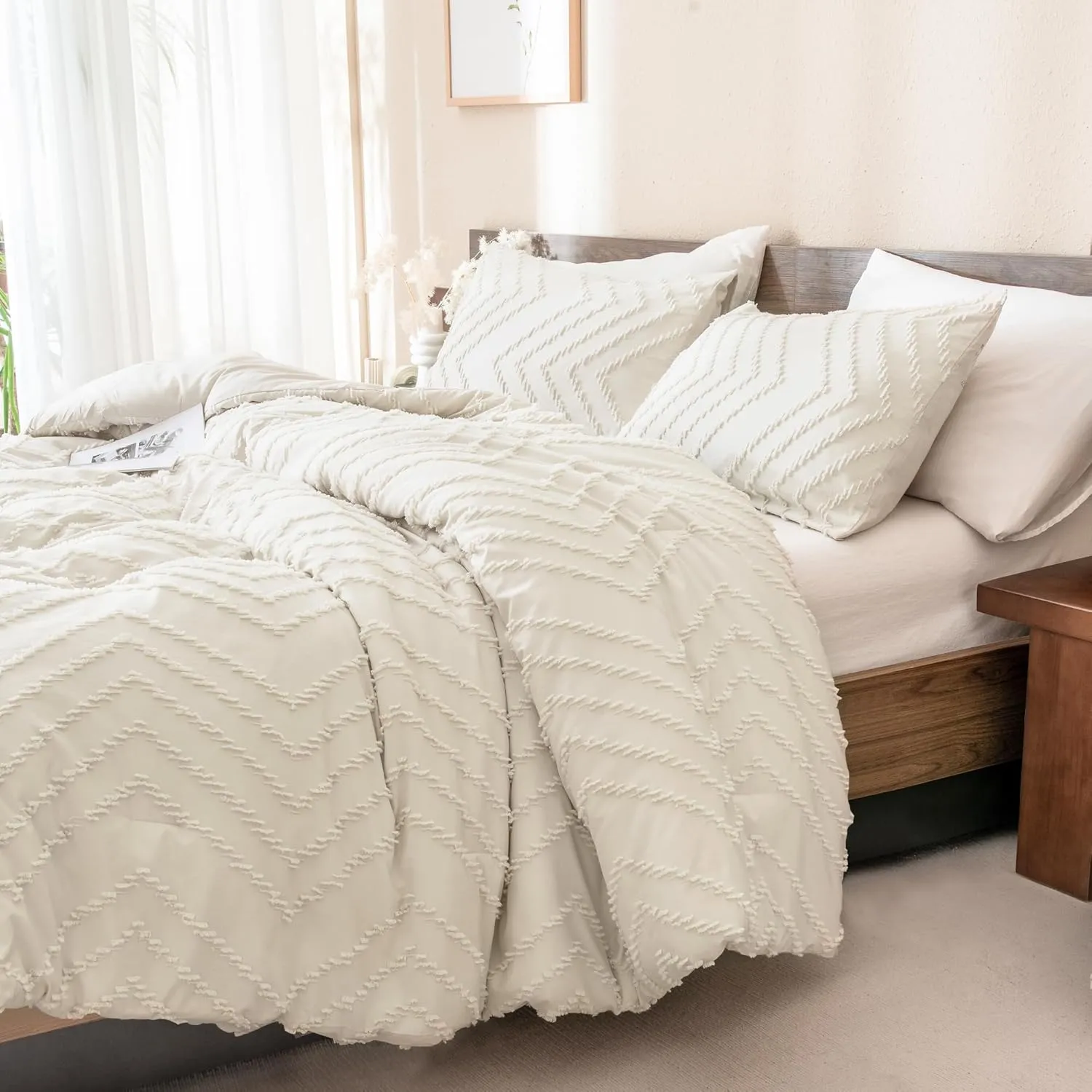 Andency King Size Comforter Set Beige, 3 Pieces Lightweight Comforter King Size Boho Bedding Comforter Sets, Soft Fluffy Cream Tufted Down Alternative Comforter Bed Set