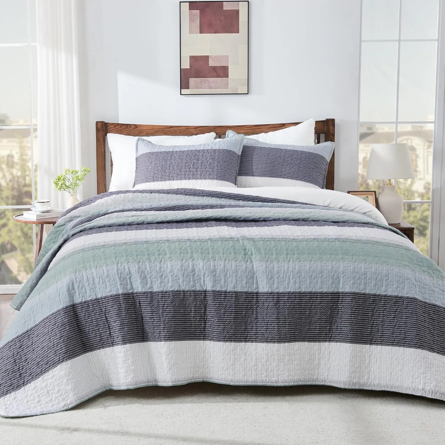 Andency King Size Quilt Set Sage Green, 3 Pieces Mint Green Ultra Soft Lightweight Bedspreads & Coverlets Set, Patchwork Striped Quilted Bedding Sets for All Seasons (1 Quilt, 2 Pillow Shams)