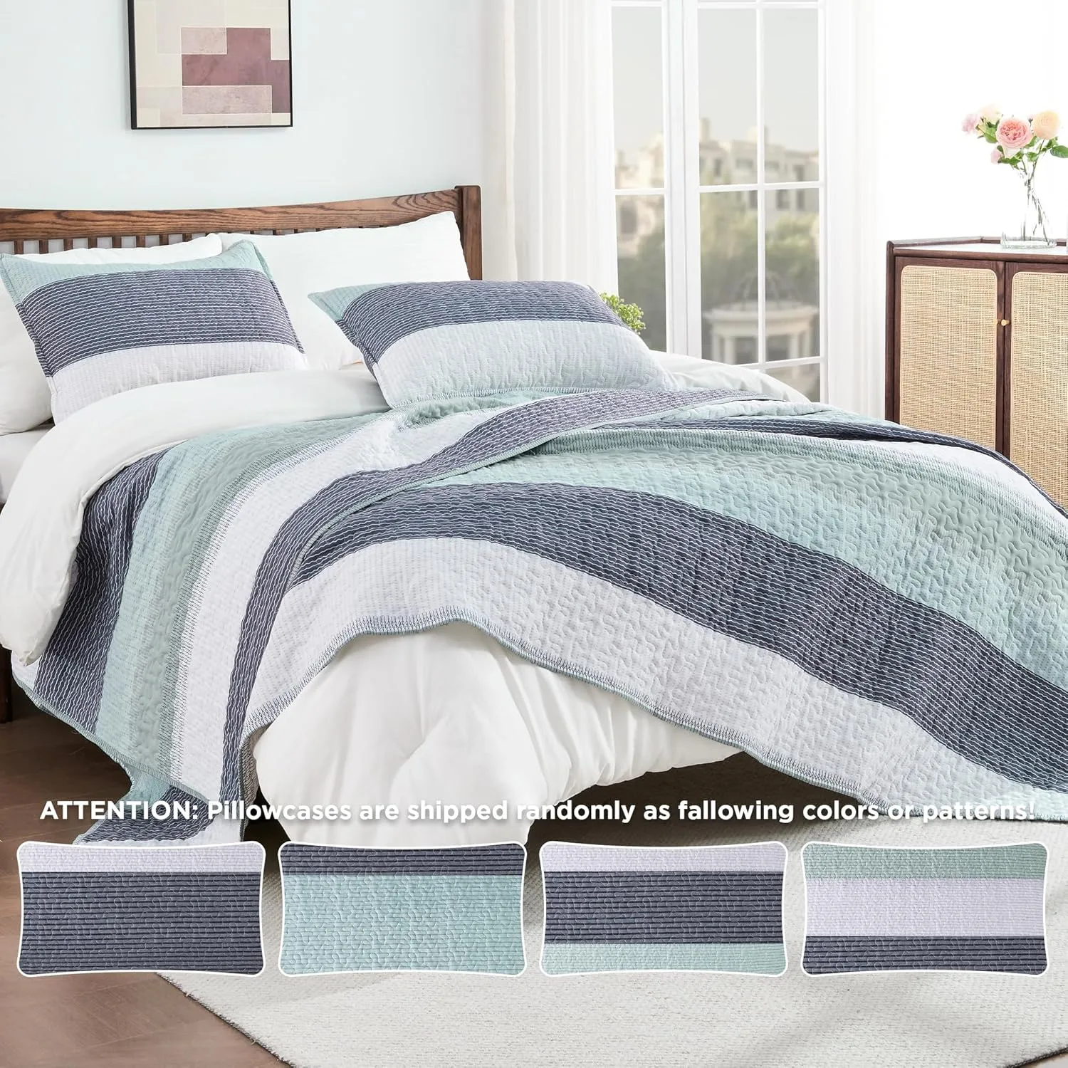 Andency King Size Quilt Set Sage Green, 3 Pieces Mint Green Ultra Soft Lightweight Bedspreads & Coverlets Set, Patchwork Striped Quilted Bedding Sets for All Seasons (1 Quilt, 2 Pillow Shams)