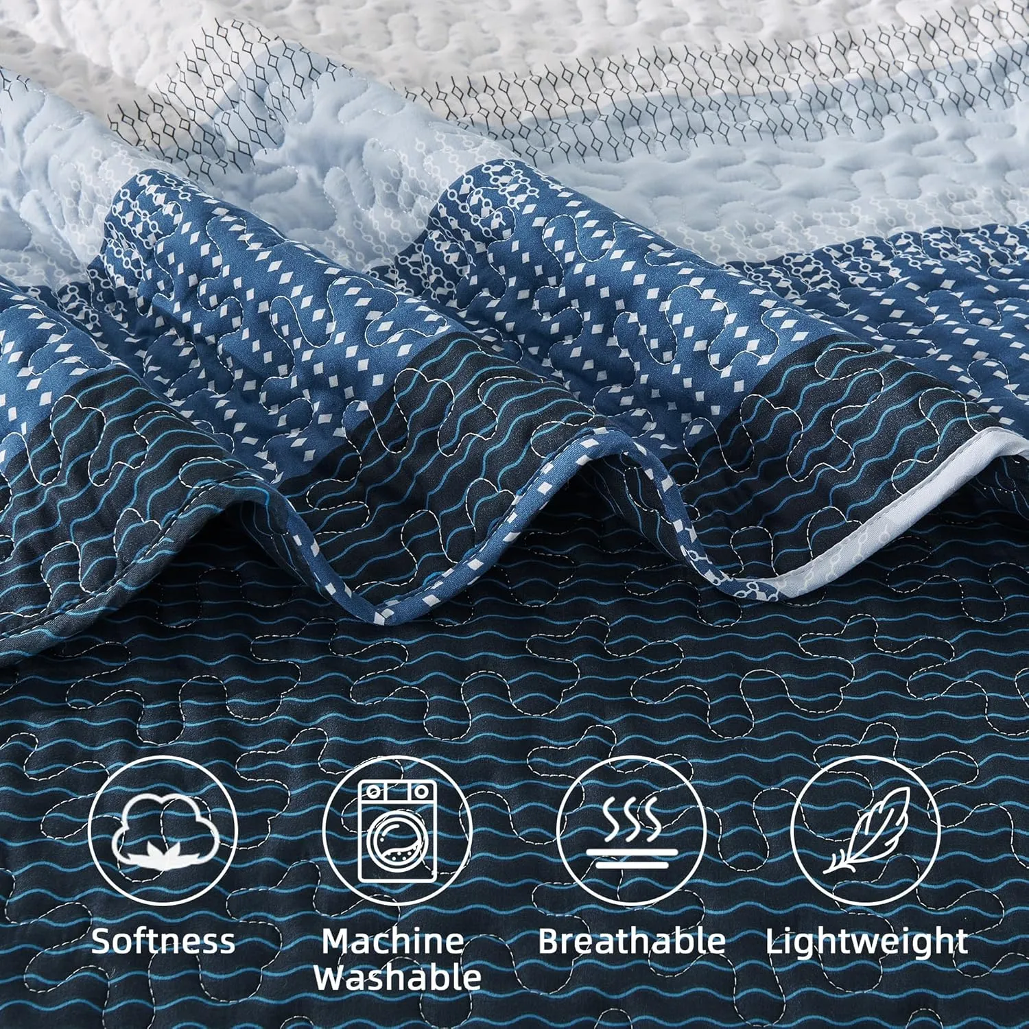 Andency Navy Blue Striped Quilt Set Cal King(104x112Inch), 3 Pieces (1 Quilt and 2 Pillowcases) Patchwork Bedspread Coverlet Set, Soft Lightweight Quilted Bedding Set
