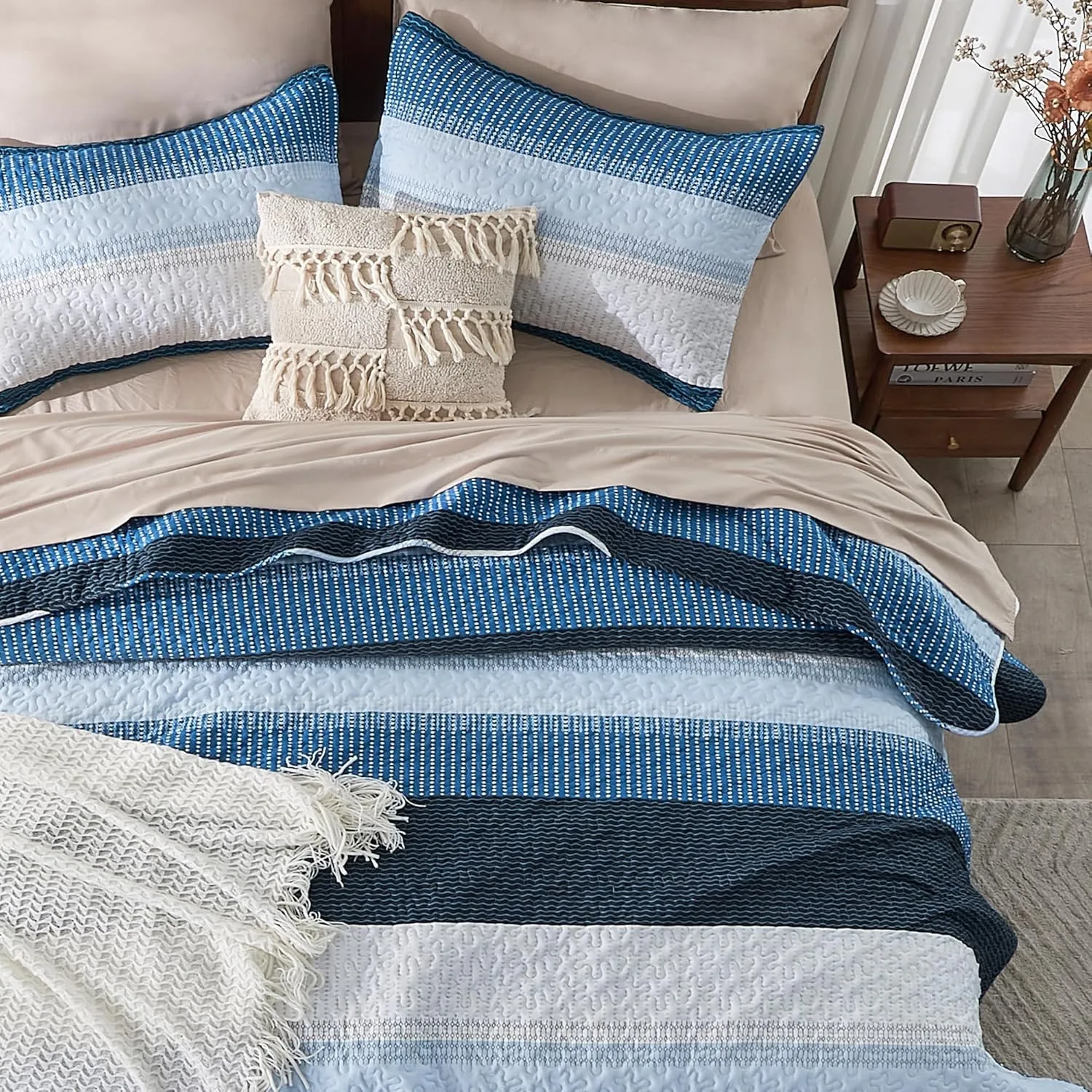 Andency Navy Blue Striped Quilt Set Cal King(104x112Inch), 3 Pieces (1 Quilt and 2 Pillowcases) Patchwork Bedspread Coverlet Set, Soft Lightweight Quilted Bedding Set