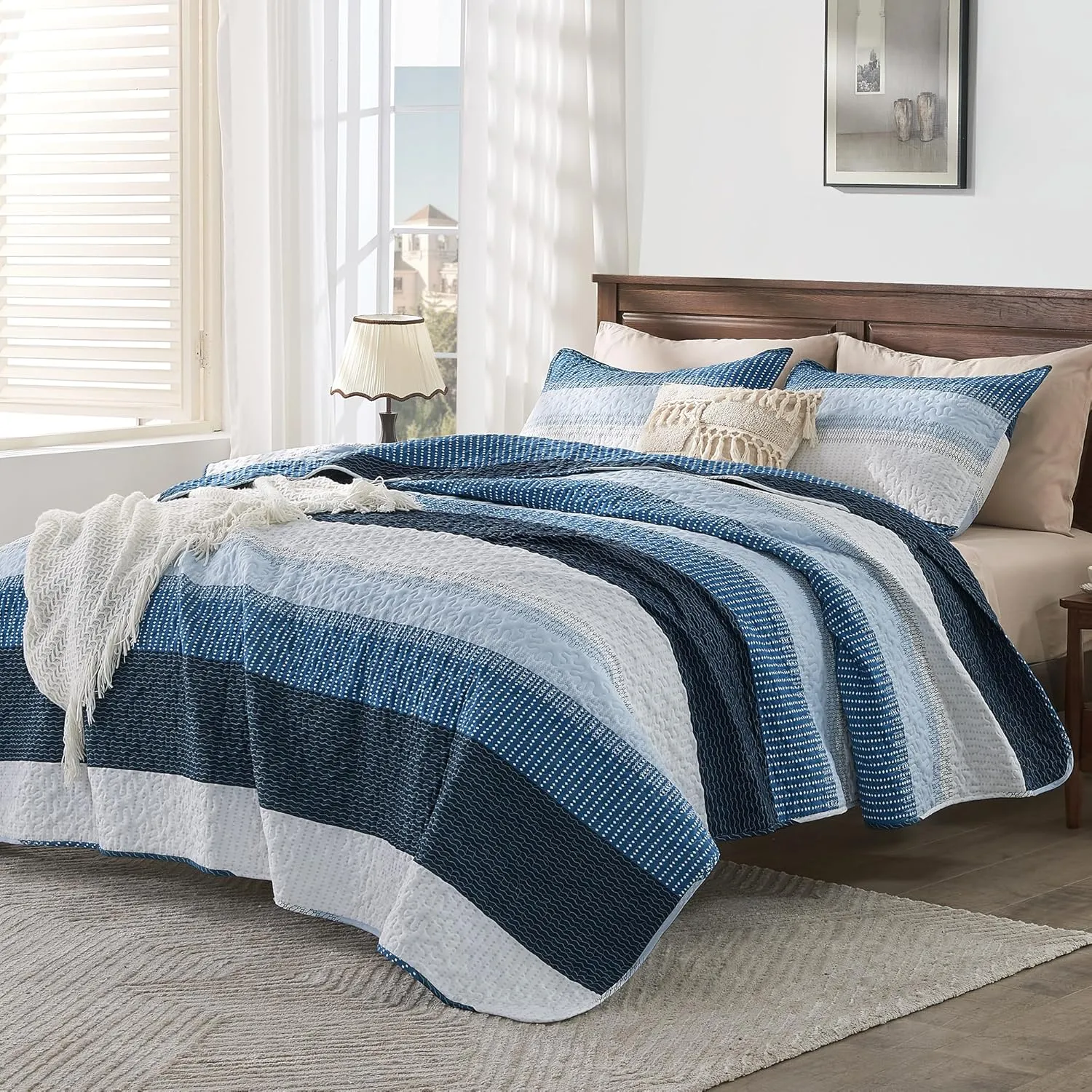 Andency Navy Blue Striped Quilt Set Cal King(104x112Inch), 3 Pieces (1 Quilt and 2 Pillowcases) Patchwork Bedspread Coverlet Set, Soft Lightweight Quilted Bedding Set