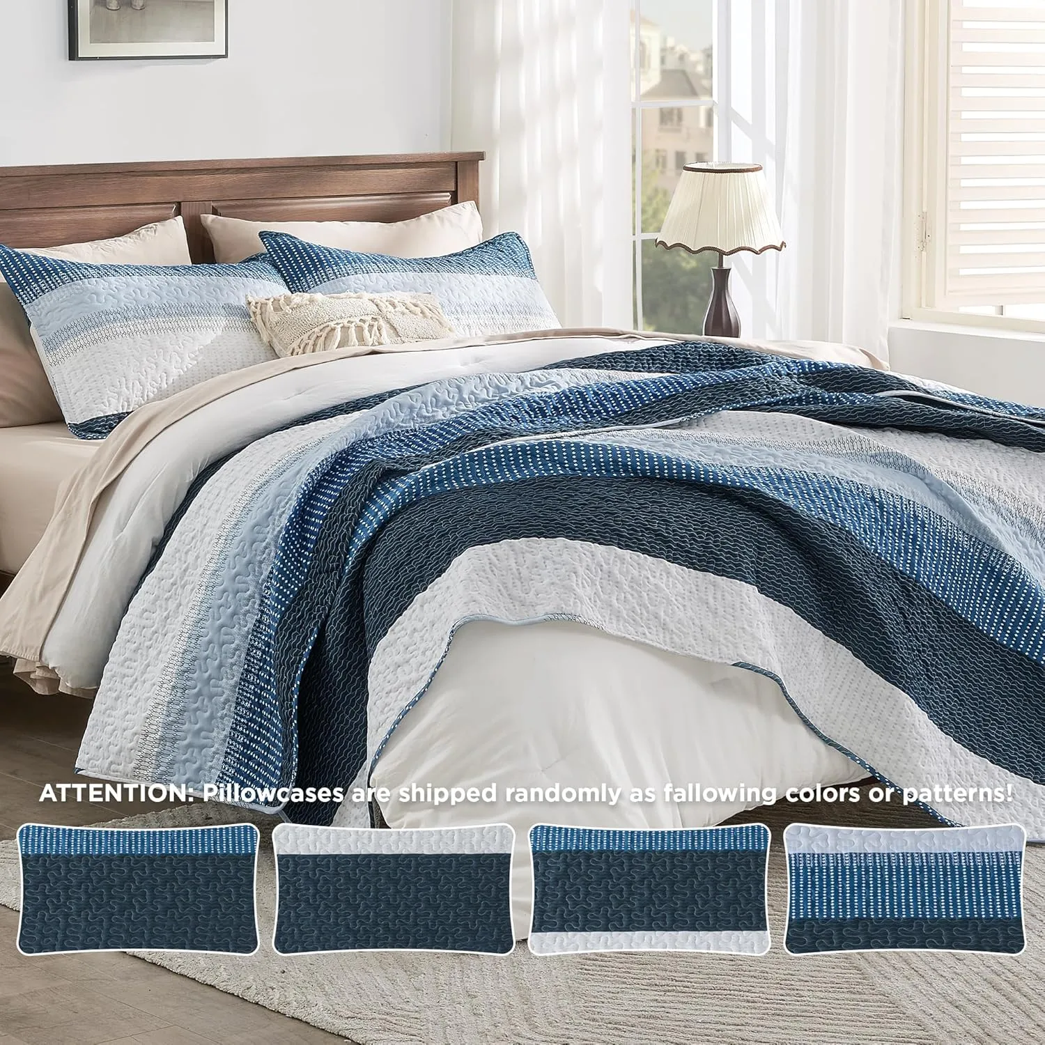 Andency Navy Blue Striped Quilt Set Cal King(104x112Inch), 3 Pieces (1 Quilt and 2 Pillowcases) Patchwork Bedspread Coverlet Set, Soft Lightweight Quilted Bedding Set