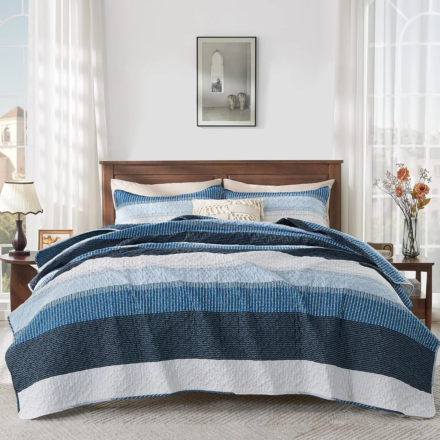 Andency Navy Blue Striped Quilt Set Cal King(104x112Inch), 3 Pieces (1 Quilt and 2 Pillowcases) Patchwork Bedspread Coverlet Set, Soft Lightweight Quilted Bedding Set