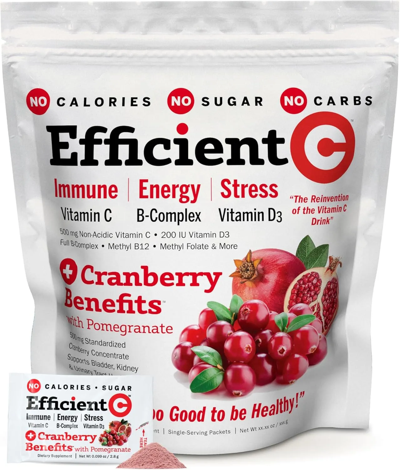 ANDREW LESSMAN Efficient C   Cranberry Benefits 180 Packets - Immune, Energy, Stress and Urinary Tract Support. Reinvention of The Vitamin C Drink. No Calories. No Sugar. No Carbs. Easy to Mix.