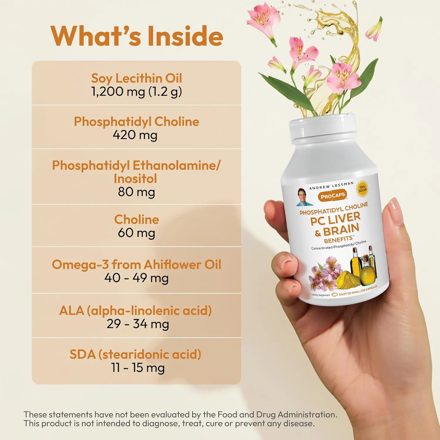 ANDREW LESSMAN PC Liver and Brain Benefits 360 Softgels - Phosphatidyl Choline, Most Important Building Block for Healthy Liver and Brain Structure, Function. No Additives. Easy to Swallow Softgels