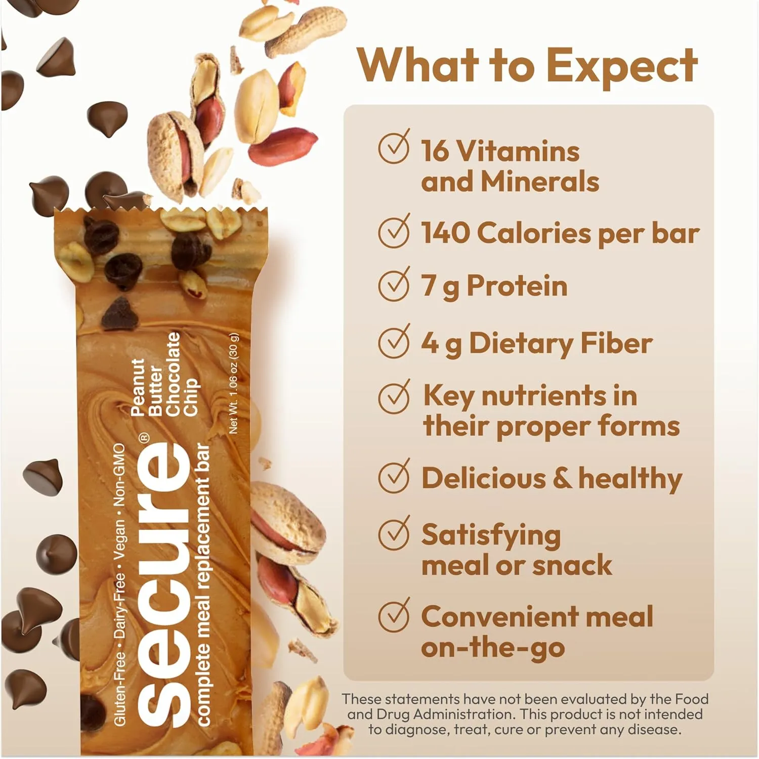 ANDREW LESSMAN Secure Complete Meal Replacement Bars - Peanut Butter Chocolate Chip - 12 ct box - 7g Protein Bars. 11 Vitamins plus Inulin Fiber. Low Calorie. Gluten and Dairy-Free, Vegan, Non-GMO