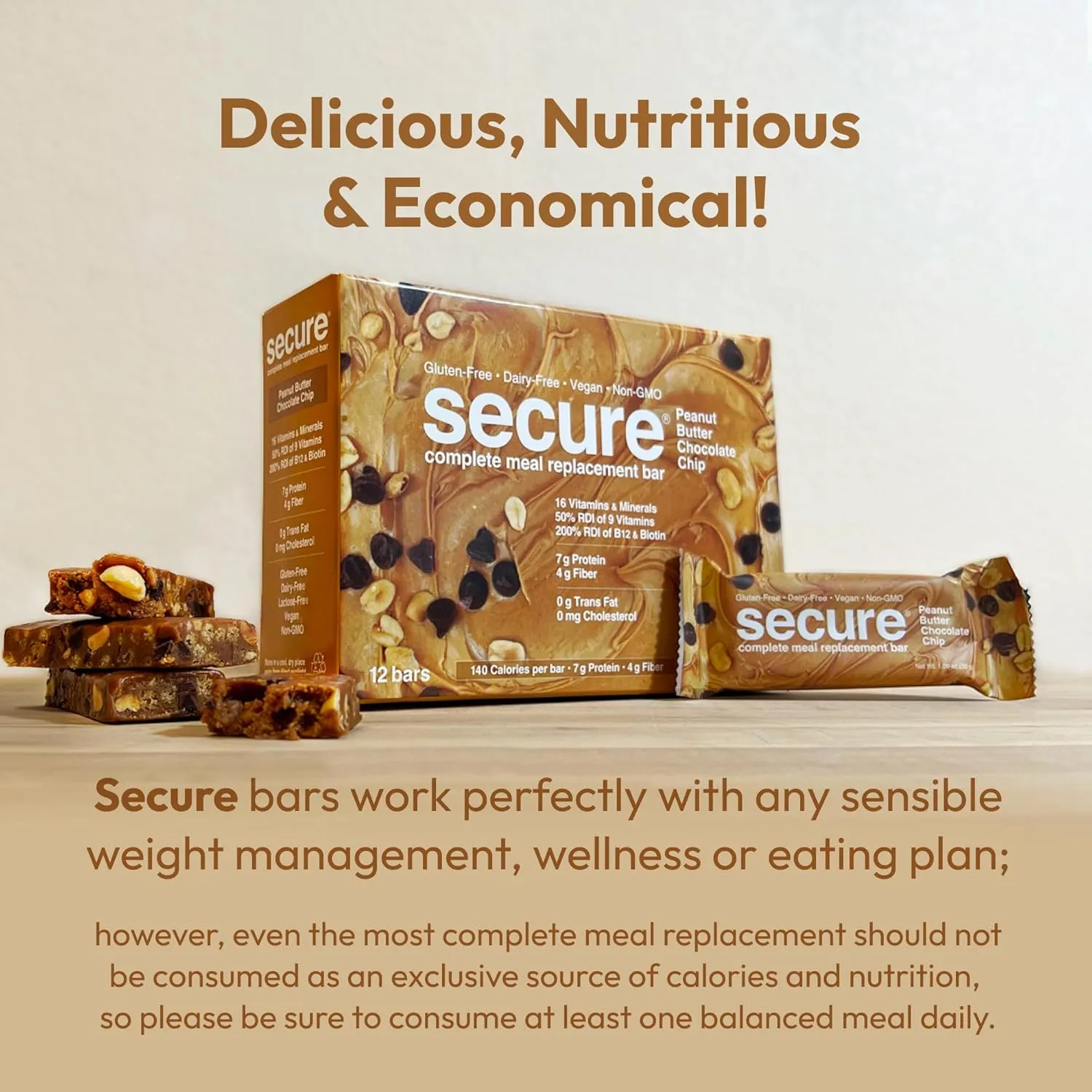 ANDREW LESSMAN Secure Complete Meal Replacement Bars - Peanut Butter Chocolate Chip - 12 ct box - 7g Protein Bars. 11 Vitamins plus Inulin Fiber. Low Calorie. Gluten and Dairy-Free, Vegan, Non-GMO