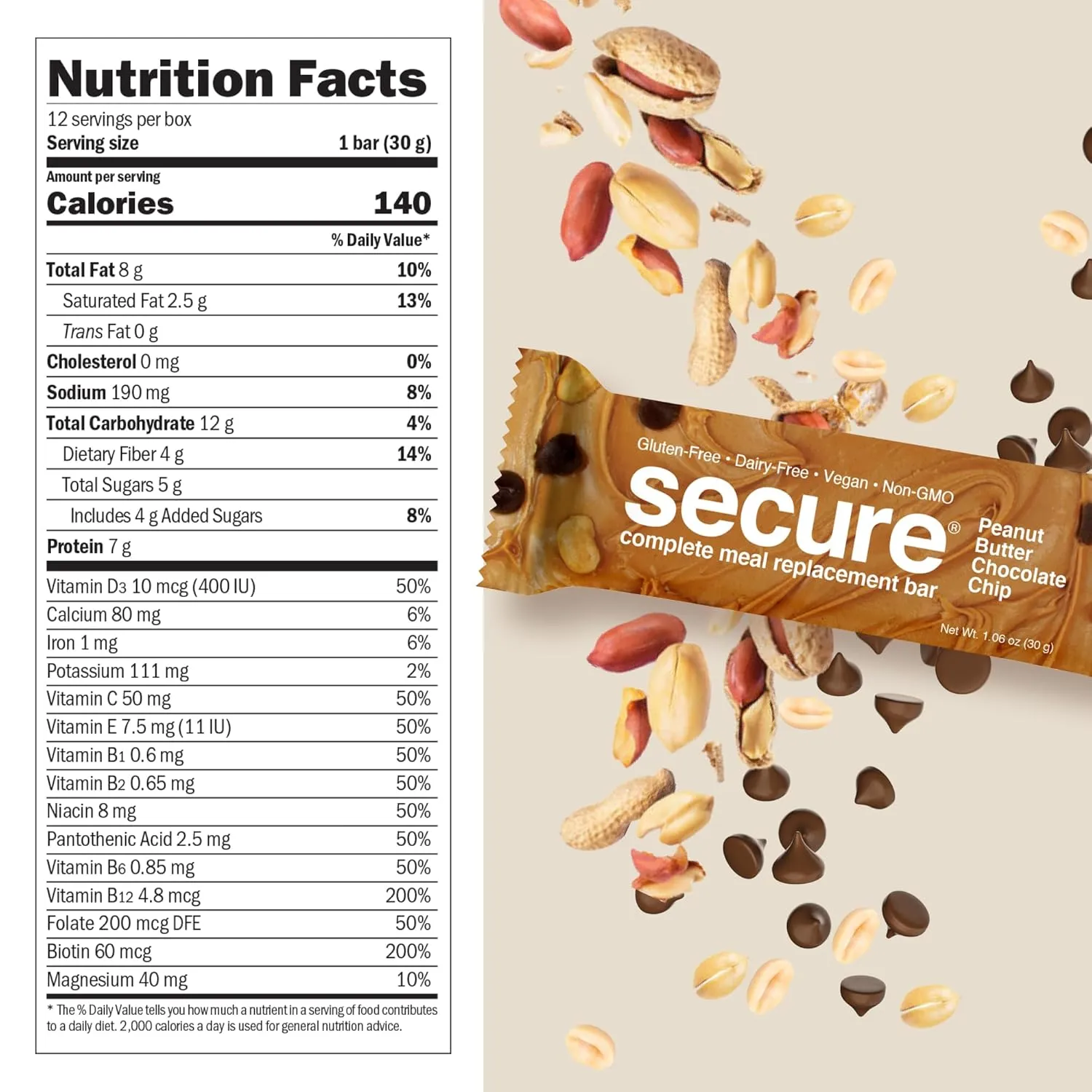 ANDREW LESSMAN Secure Complete Meal Replacement Bars - Peanut Butter Chocolate Chip - 12 ct box - 7g Protein Bars. 11 Vitamins plus Inulin Fiber. Low Calorie. Gluten and Dairy-Free, Vegan, Non-GMO
