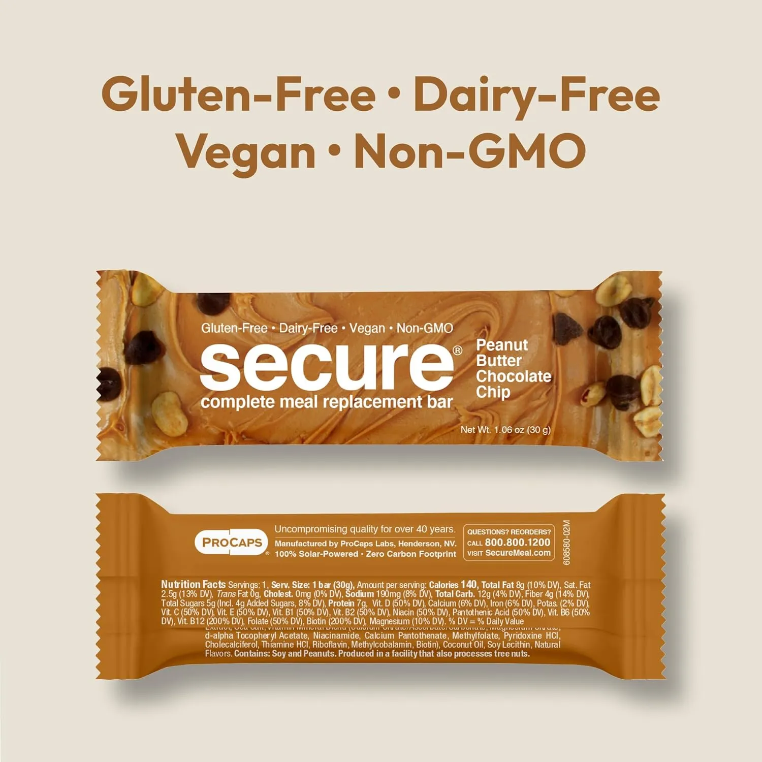 ANDREW LESSMAN Secure Complete Meal Replacement Bars - Peanut Butter Chocolate Chip - 12 ct box - 7g Protein Bars. 11 Vitamins plus Inulin Fiber. Low Calorie. Gluten and Dairy-Free, Vegan, Non-GMO