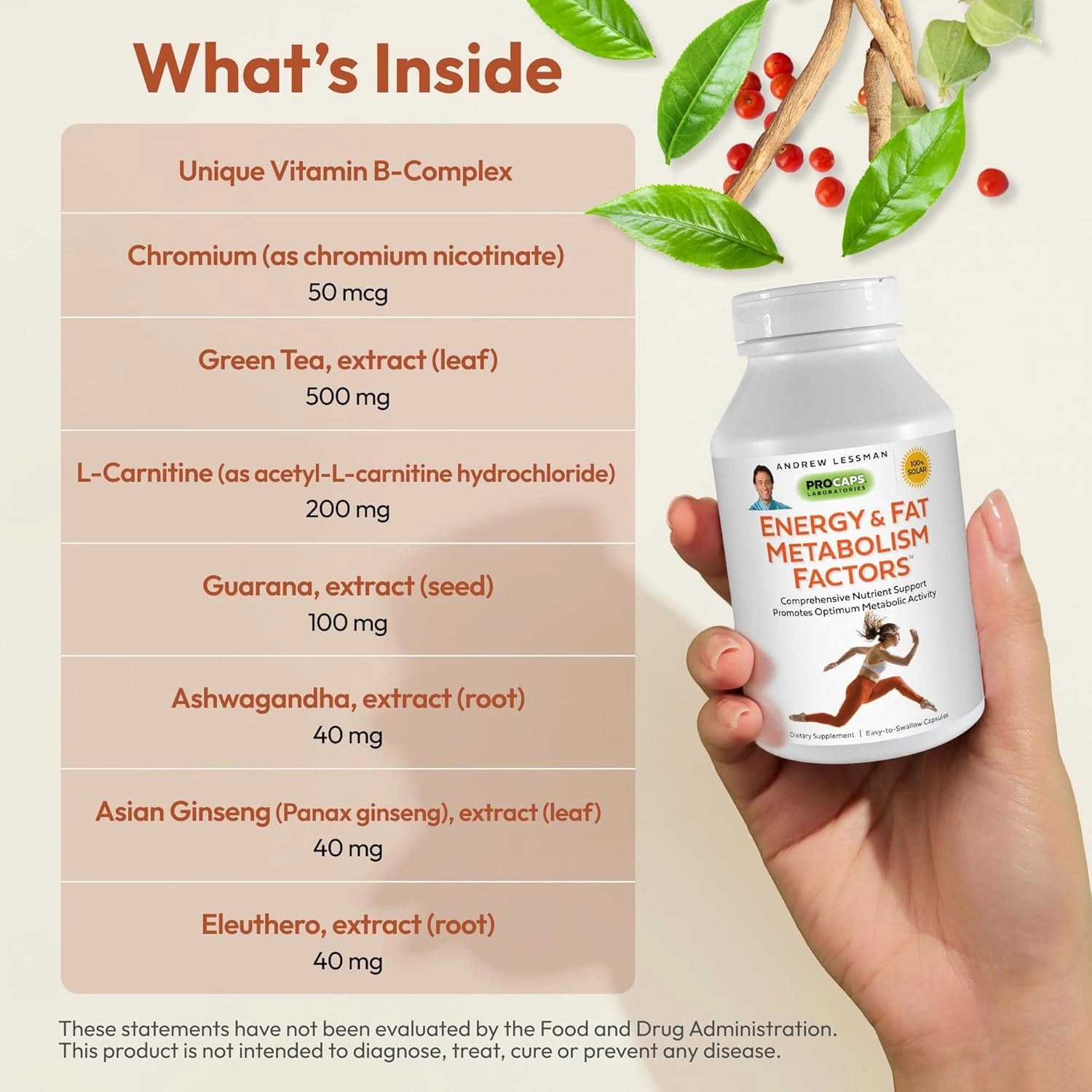 ANDREW LESSMAN Energy and Fat Metabolism Factors 180 Capsules - Promotes Optimum Fat Burning and Energy Metabolism, with Carnitine, Green Tea, Guarana, Ginseng, B-Complex. Easy to Swallow Capsules