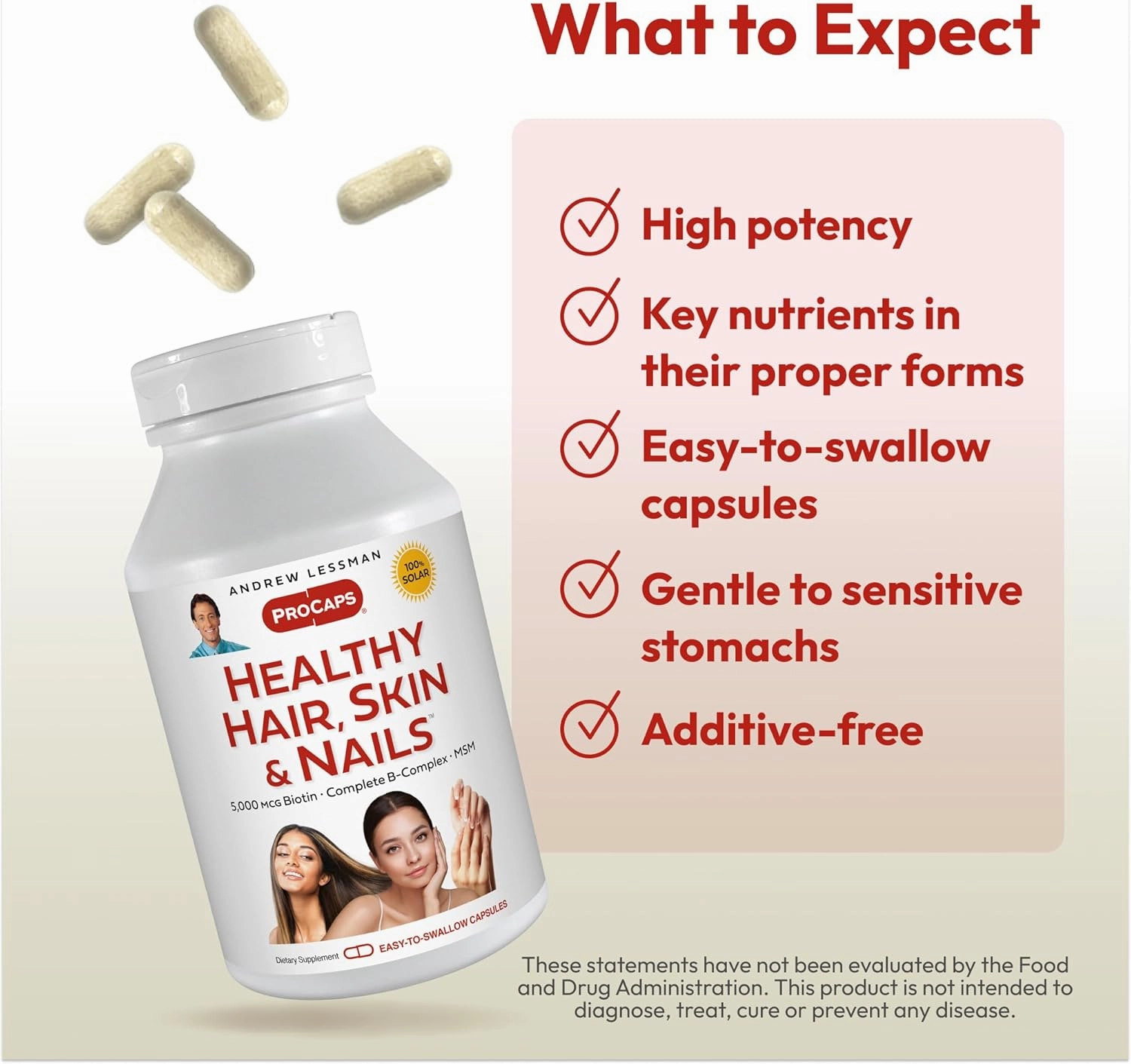 ANDREW LESSMAN Healthy Hair, Skin and Nails 120 Capsules - 5000 mcg High Bioactivity Biotin, B-Complex. Promotes Beautiful Skin, Strong Nails. No Additives Hair Growth Vitamins Biotin Supplement