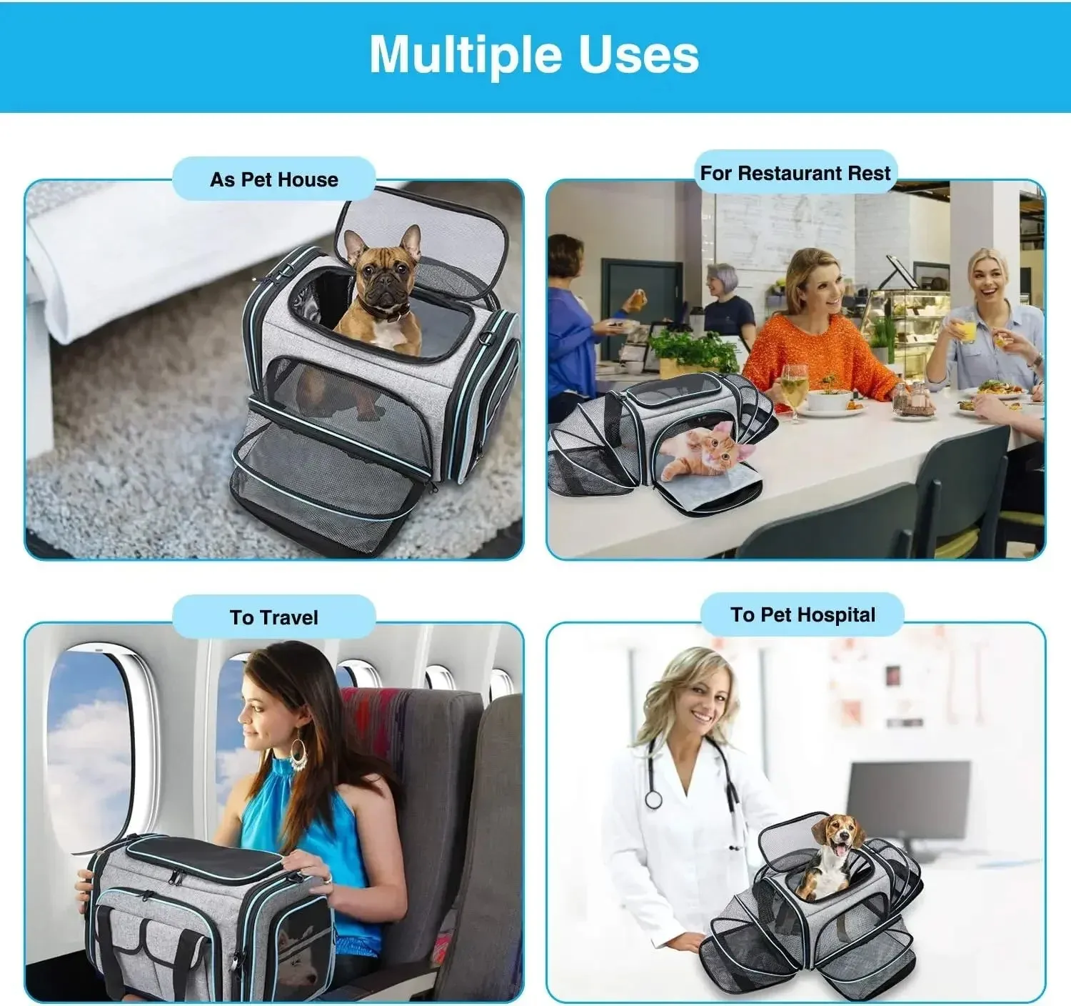 Approved Pet Carrier, Large Soft Sided Pet Travel TSA Carrier 4 Sides Expandable Cat Collapsible Carrier with Removable