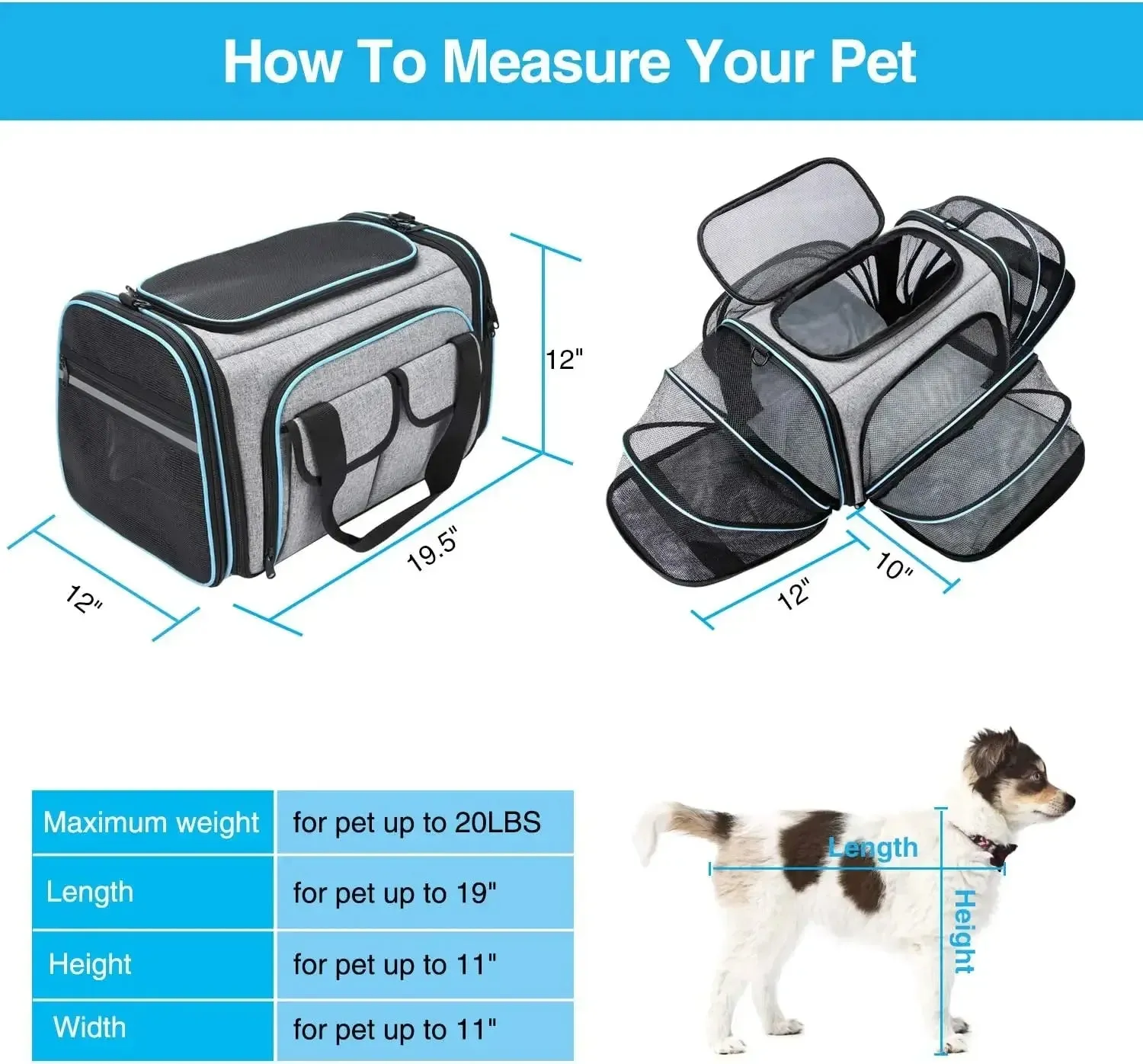 Approved Pet Carrier, Large Soft Sided Pet Travel TSA Carrier 4 Sides Expandable Cat Collapsible Carrier with Removable