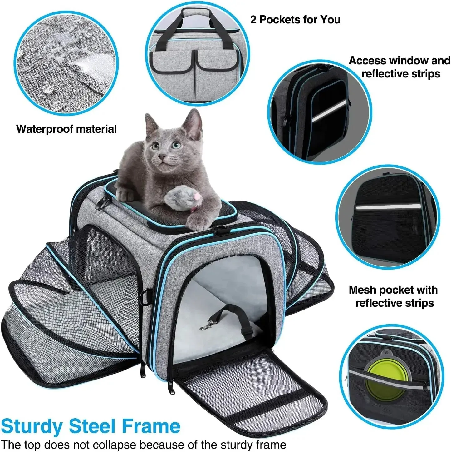 Approved Pet Carrier, Large Soft Sided Pet Travel TSA Carrier 4 Sides Expandable Cat Collapsible Carrier with Removable