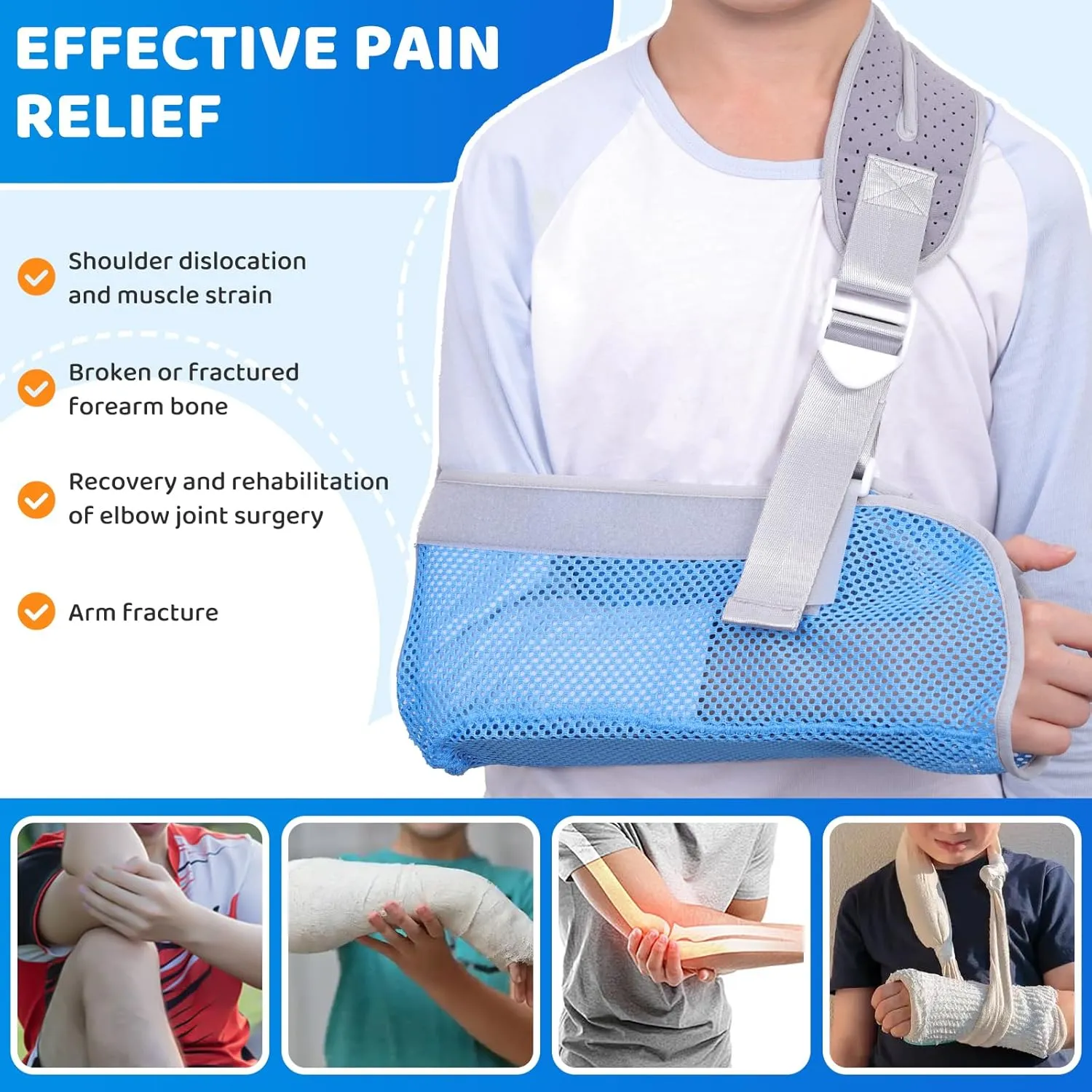 Arm Sling for Kids, Arm Brace with Support Plate, Arm Support Sling Shoulder Immobilizer for Children Shoulder Injury, Suit for Left and Right Arms, Boy and Girl (Blue-XS)