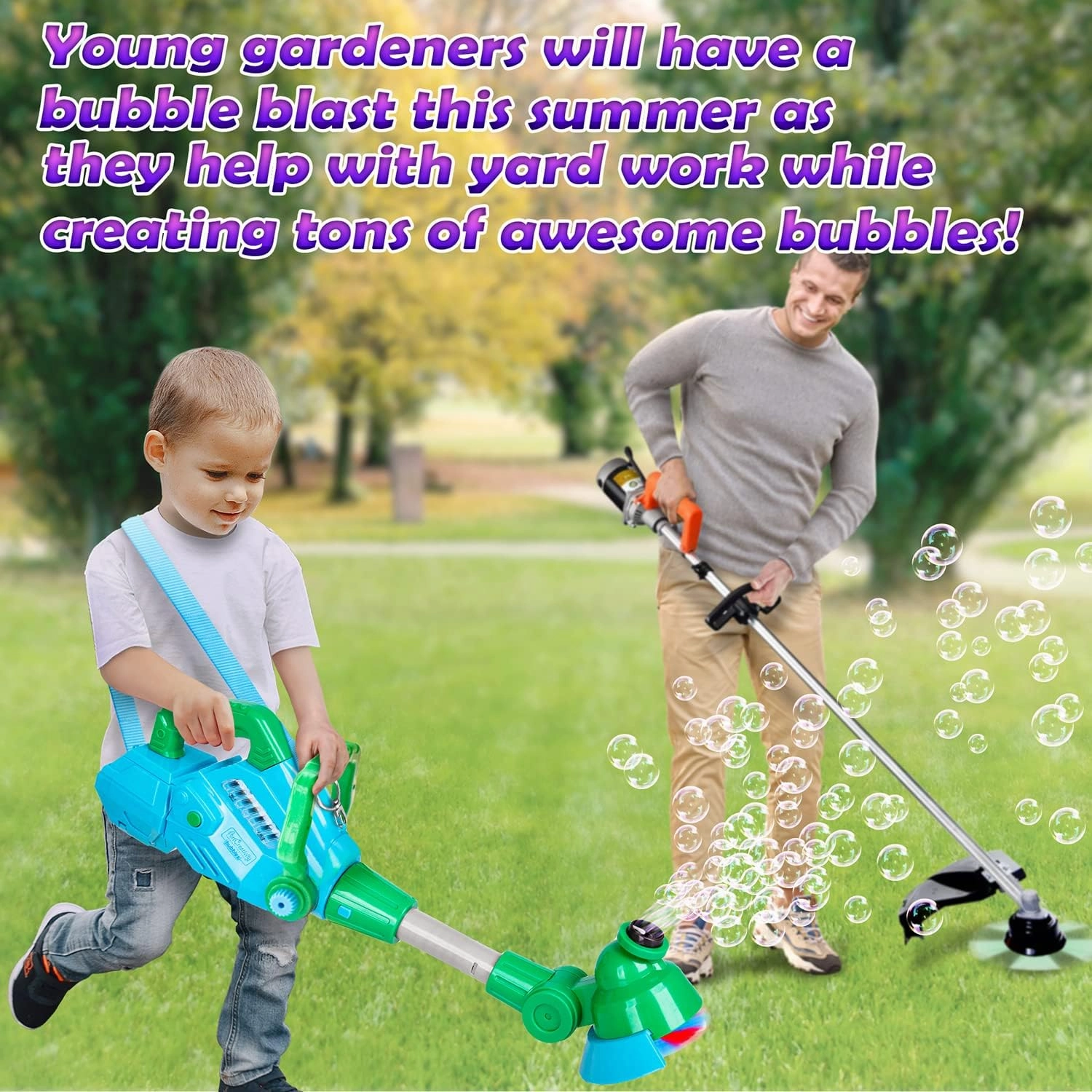 ArtCreativity Bubble String Trimmer, Kids Bubble Blower Machine with Bubble Solution Included, Grass Trimmer Toy with Lights & Sounds, Fun Summer Outdoor Toys for Toddlers, Blue&Green
