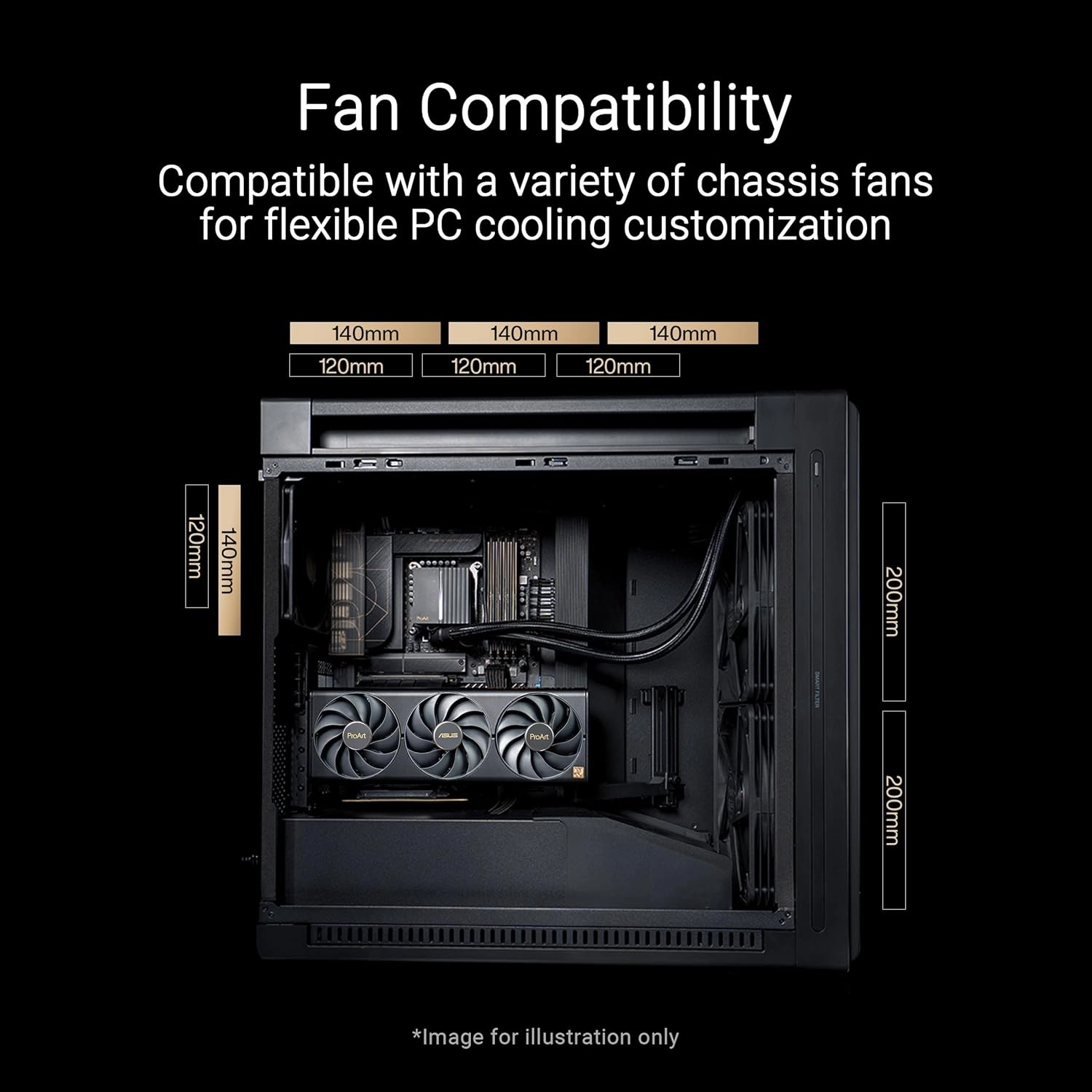 ASUS ProArt PA602 Wood Edition - Tempered Glass Panel E-ATX case, 420 mm Radiator Support, 1x 140 mm   2X 200 mm pre-Installed Fans, Power Lock Latch, Tool-Less PCIe mounting, USB 20Gbps Support