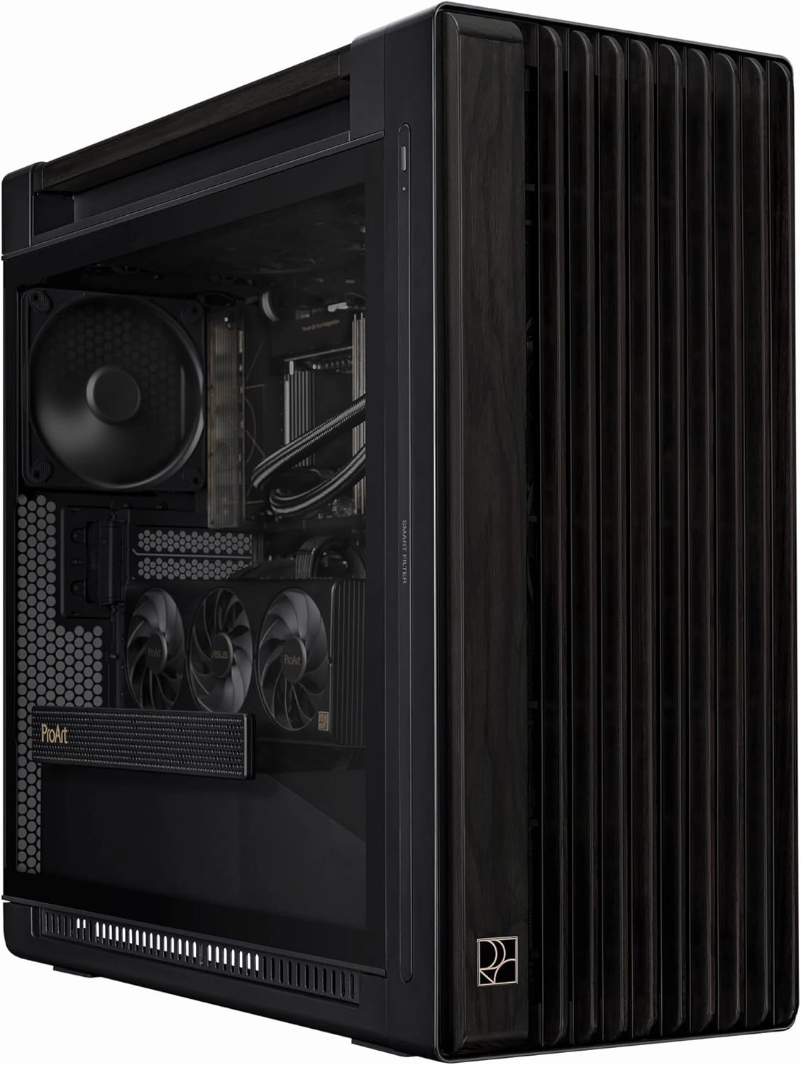 ASUS ProArt PA602 Wood Edition - Tempered Glass Panel E-ATX case, 420 mm Radiator Support, 1x 140 mm   2X 200 mm pre-Installed Fans, Power Lock Latch, Tool-Less PCIe mounting, USB 20Gbps Support