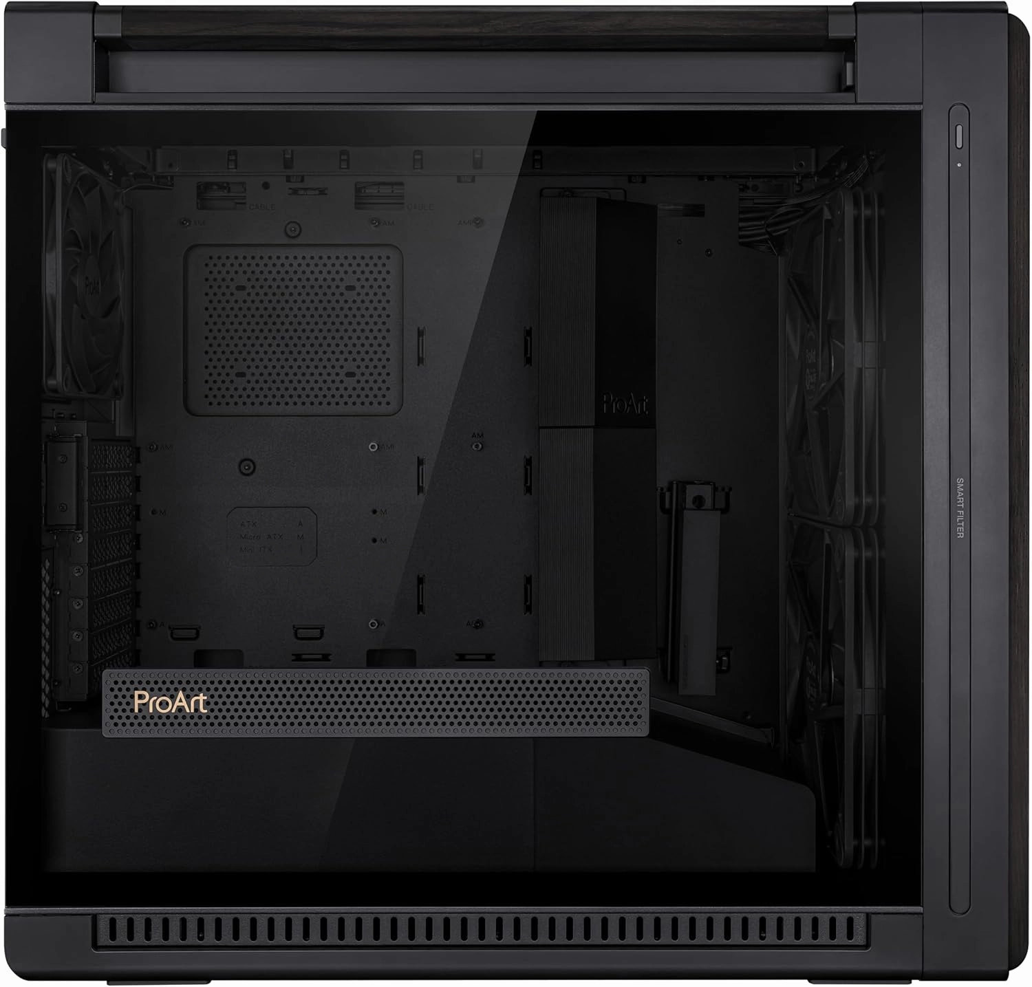 ASUS ProArt PA602 Wood Edition - Tempered Glass Panel E-ATX case, 420 mm Radiator Support, 1x 140 mm   2X 200 mm pre-Installed Fans, Power Lock Latch, Tool-Less PCIe mounting, USB 20Gbps Support