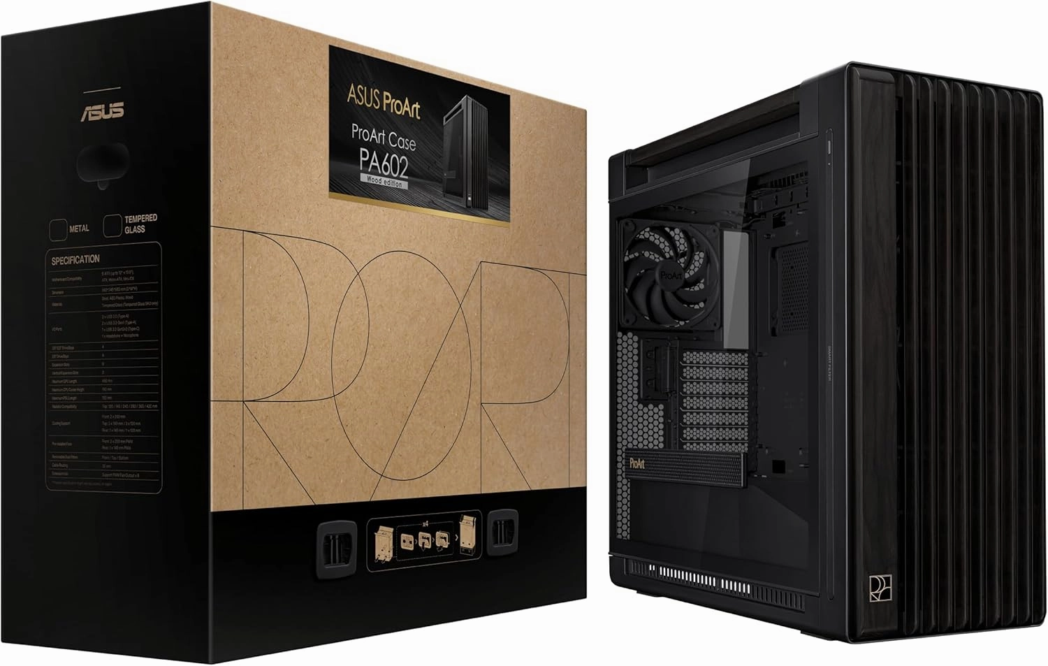 ASUS ProArt PA602 Wood Edition - Tempered Glass Panel E-ATX case, 420 mm Radiator Support, 1x 140 mm   2X 200 mm pre-Installed Fans, Power Lock Latch, Tool-Less PCIe mounting, USB 20Gbps Support