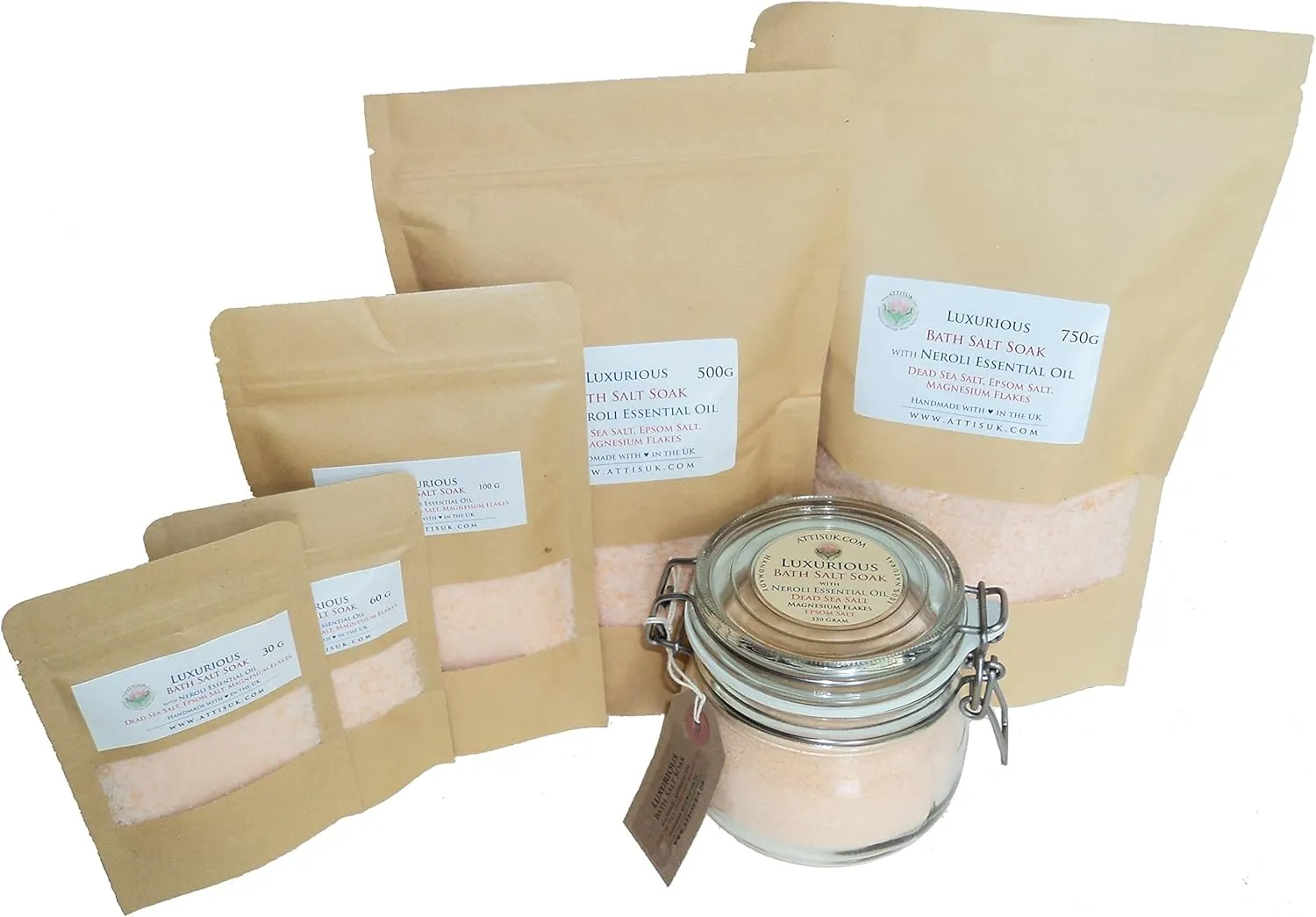 ATTIS Luxurious Bath Salt Soak with Neroli Essential Oil, Dead Sea Salt, Magnesium Flakes, Epsom Salt, Himalayan Pink Salt | Vegan | Hand made | Relaxing | Refreshing | Calming | (17.63oz)