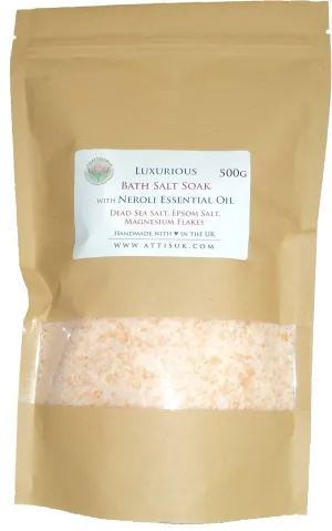 ATTIS Luxurious Bath Salt Soak with Neroli Essential Oil, Dead Sea Salt, Magnesium Flakes, Epsom Salt, Himalayan Pink Salt | Vegan | Hand made | Relaxing | Refreshing | Calming | (17.63oz)