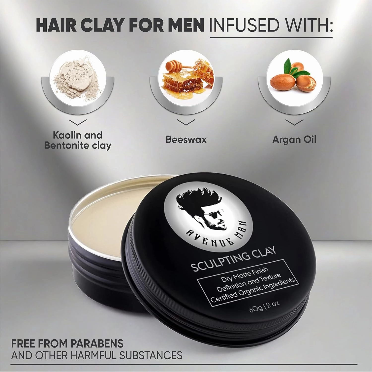 Avenue Man Hair Clay for Men - Matte Finish Sculpting Clay - Strong Hold, Maximum Definition and Textured Control - For All Hair Types - Infused with Beeswax, Kaolin Clay and Argan Oil - 3.0oz/90g