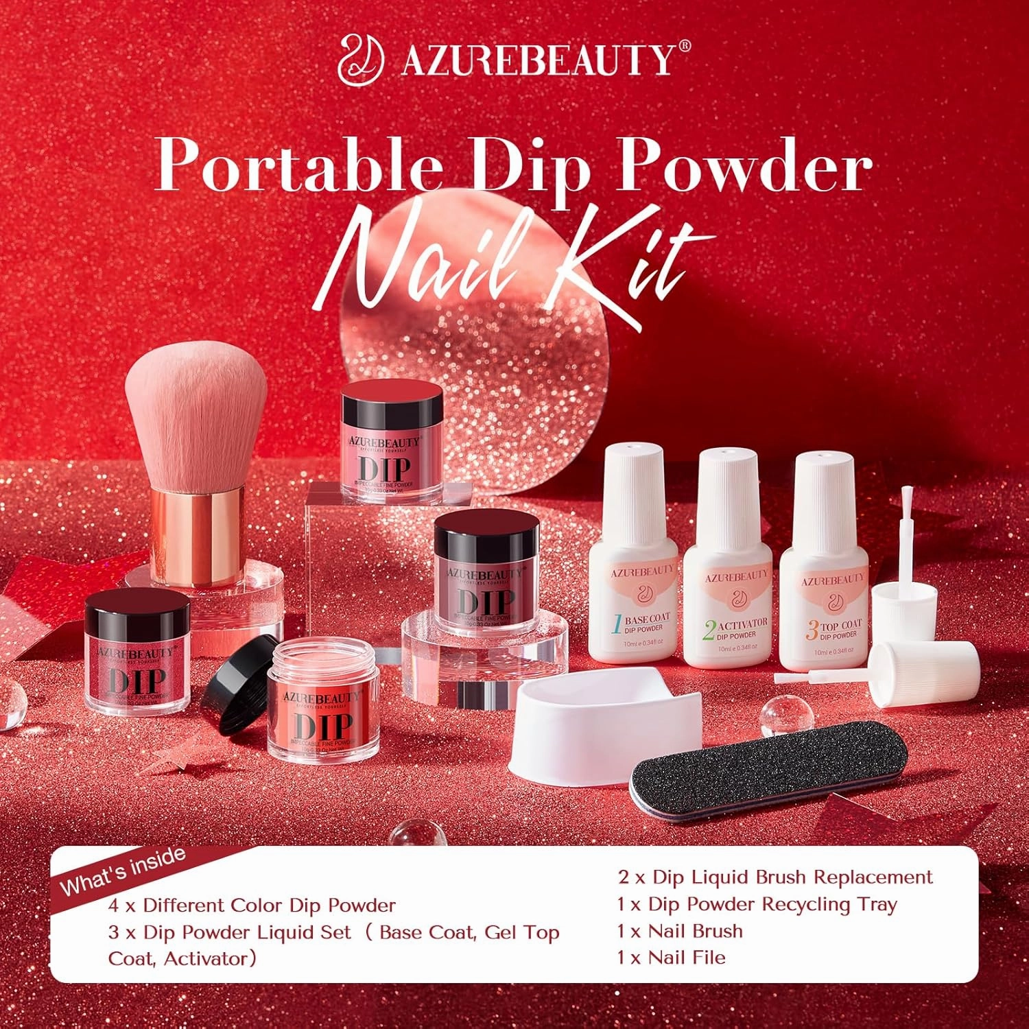 AZUREBEAUTY Dip Powder Nail Kit,4 Colors Red Burgundy Berry Dipping Powder System Liquid Set Recycling Tray with Base & Top Coat Activator for French Nail Art Manicure Salon DIY