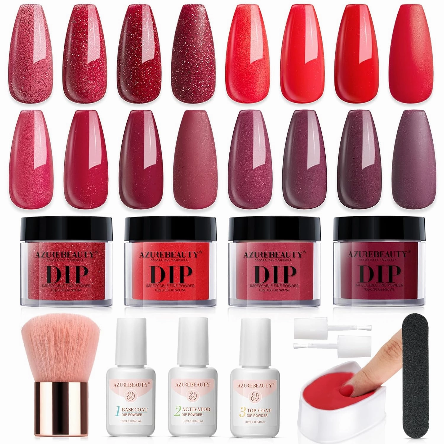 AZUREBEAUTY Dip Powder Nail Kit,4 Colors Red Burgundy Berry Dipping Powder System Liquid Set Recycling Tray with Base & Top Coat Activator for French Nail Art Manicure Salon DIY