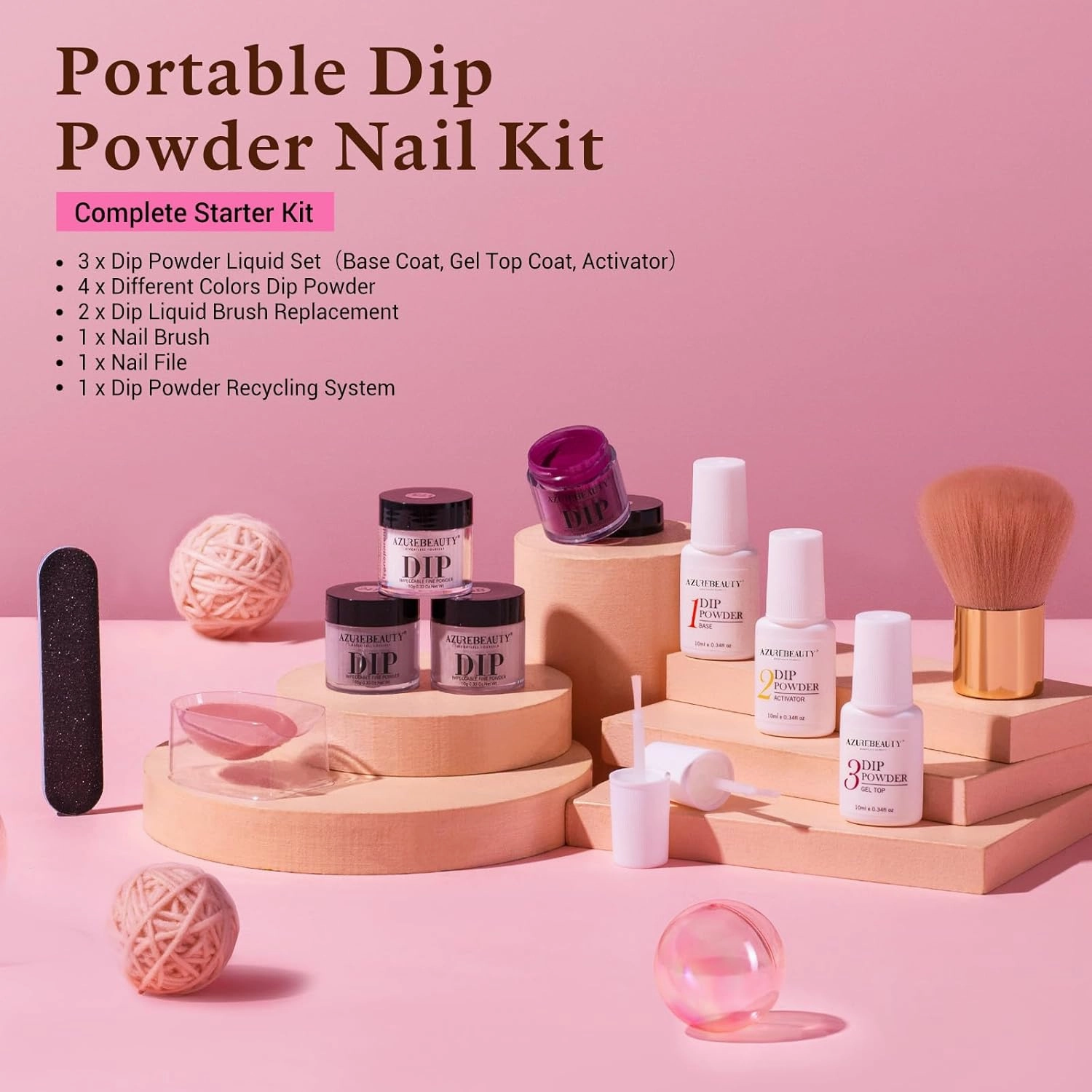 AZUREBEAUTY Dip Powder Nail Kit Starter, Light/Hot Pink Clear White Summer 4 Colors Acrylic Dipping Powder Liquid Set with Base/Top Coat Activator for French Nail Art Manicure DIY Gifts for Women