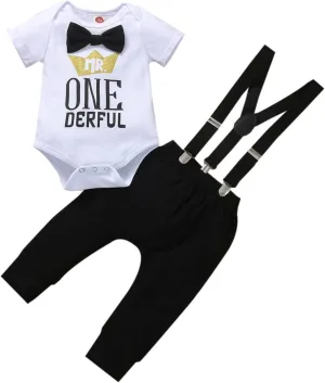 Baby Boy One 1st Birthday Outfits Infant Clothes Short Sleeve Bow Tie Romper Pants Set Suspenders…