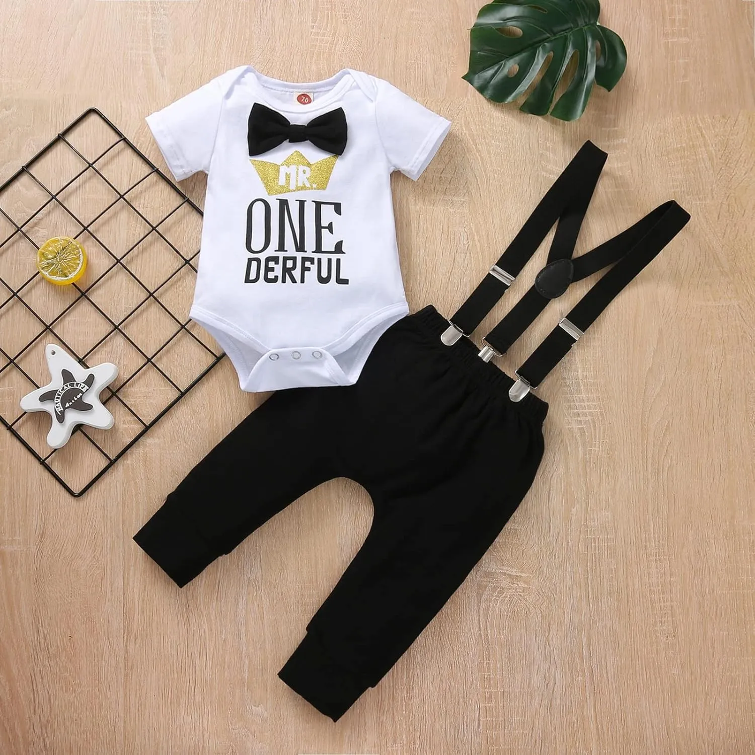 Baby Boy One 1st Birthday Outfits Infant Clothes Short Sleeve Bow Tie Romper Pants Set Suspenders…