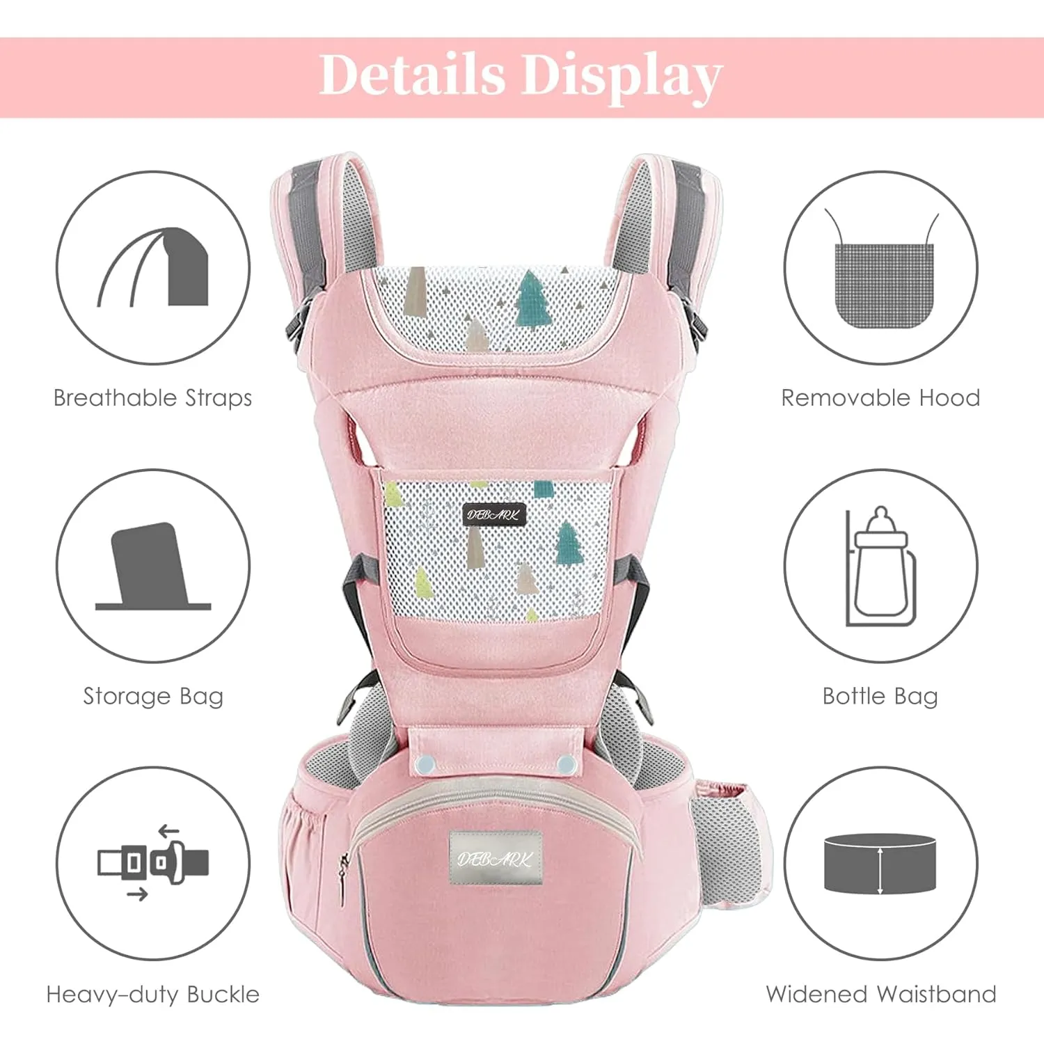 Baby Carrier Newborn to Toddler - Debark Baby Carrier with Hip Seat, 6 in 1 Lightweight and Detachable Infant Carrier for Babies from 0-36 Months, Ideal for Hands-Free Parenting(Pink)