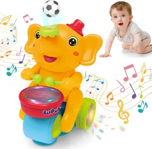 Baby Elephant Musical Crawling Toy with Lights, Sounds, Blowing Ball, Infant Sensory Toys, Birthday Gifts for Kids Boy Girl 3 4 5 6 7 8 Years (Yellow)