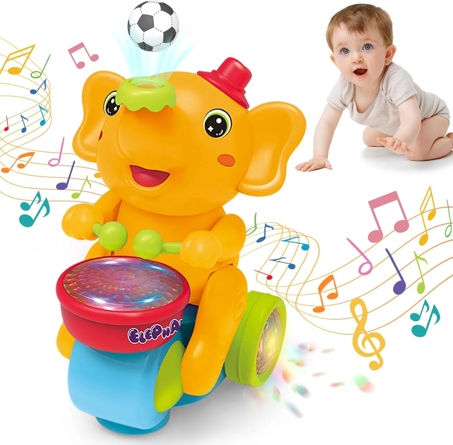 Baby Elephant Musical Crawling Toy with Lights, Sounds, Blowing Ball, Infant Sensory Toys, Birthday Gifts for Kids Boy Girl 3 4 5 6 7 8 Years (Yellow)