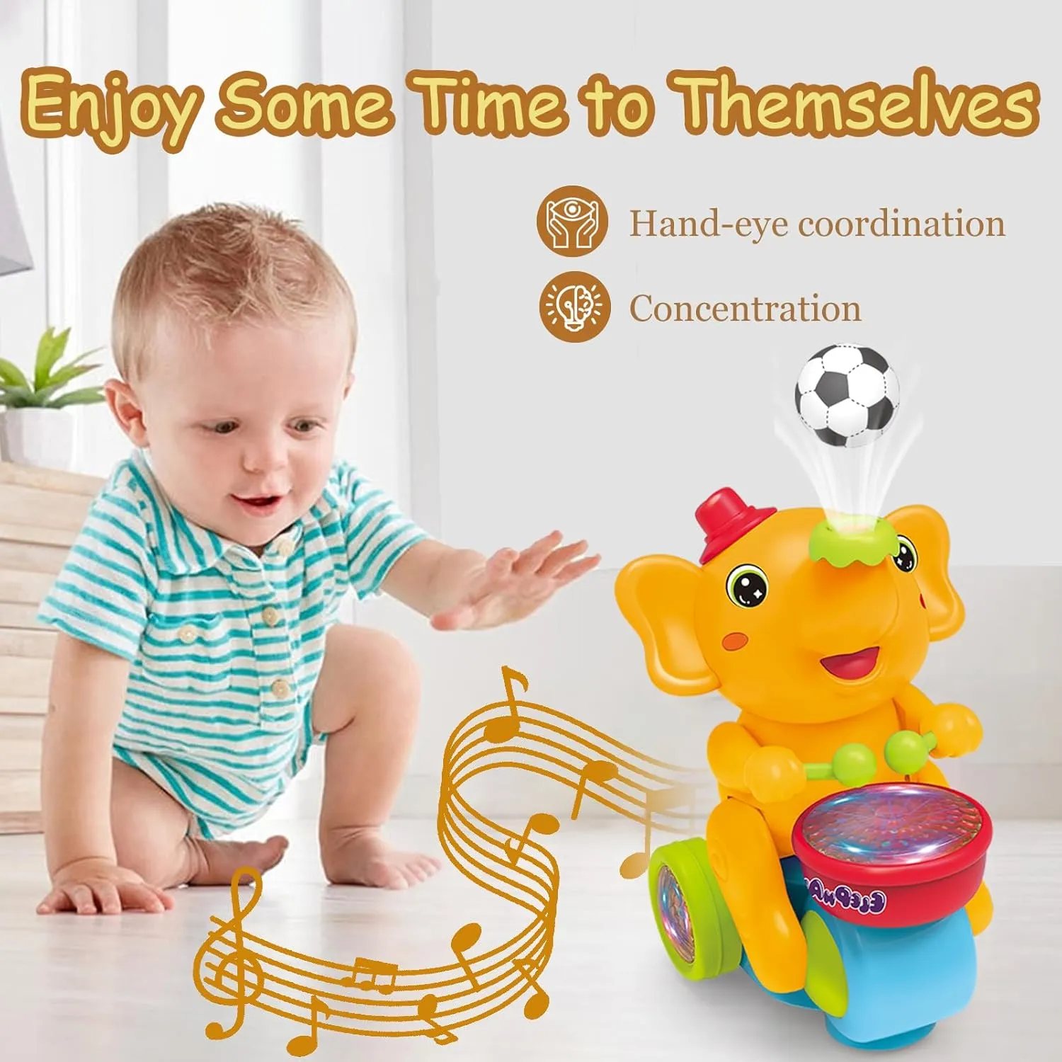Baby Elephant Musical Crawling Toy with Lights, Sounds, Blowing Ball, Infant Sensory Toys, Birthday Gifts for Kids Boy Girl 3 4 5 6 7 8 Years (Yellow)