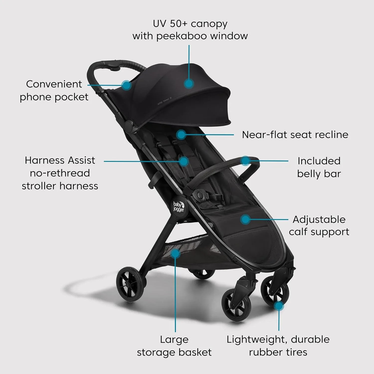 Baby Jogger City Tour 2 Ultra-Compact Carry-On Approved Travel Stroller in Eco Black with Belly-Bar Lightweight Easy Fold Ideal for Traveling and Everyday Adventures